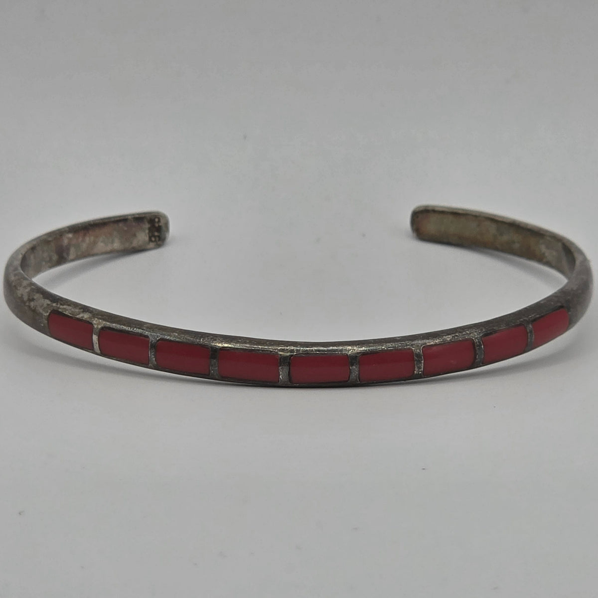 925 Sterling Silver Red Coral Inlay Cuff Bracelet 7" 12.23g Southwestern 4.5mm
