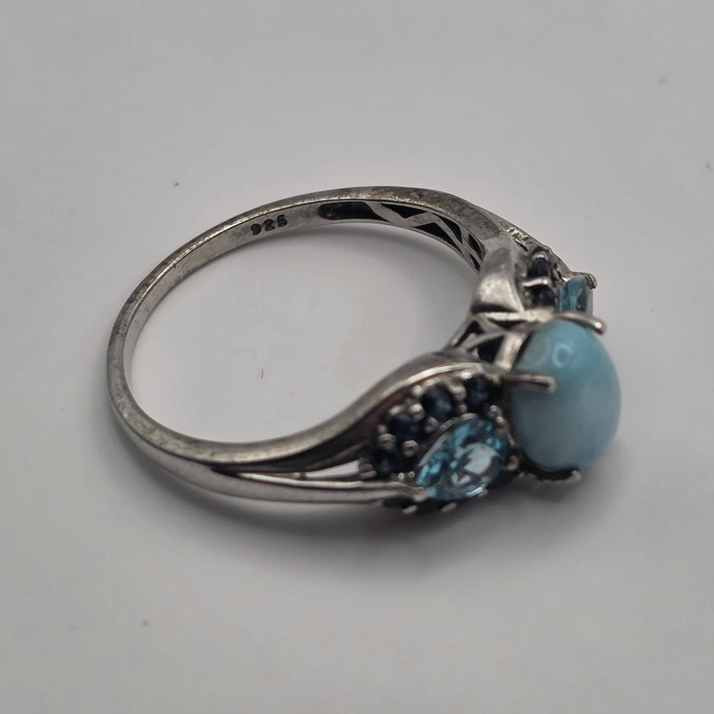 925 Sterling Silver Larimar Blue Topaz Onyx Ring Size 8