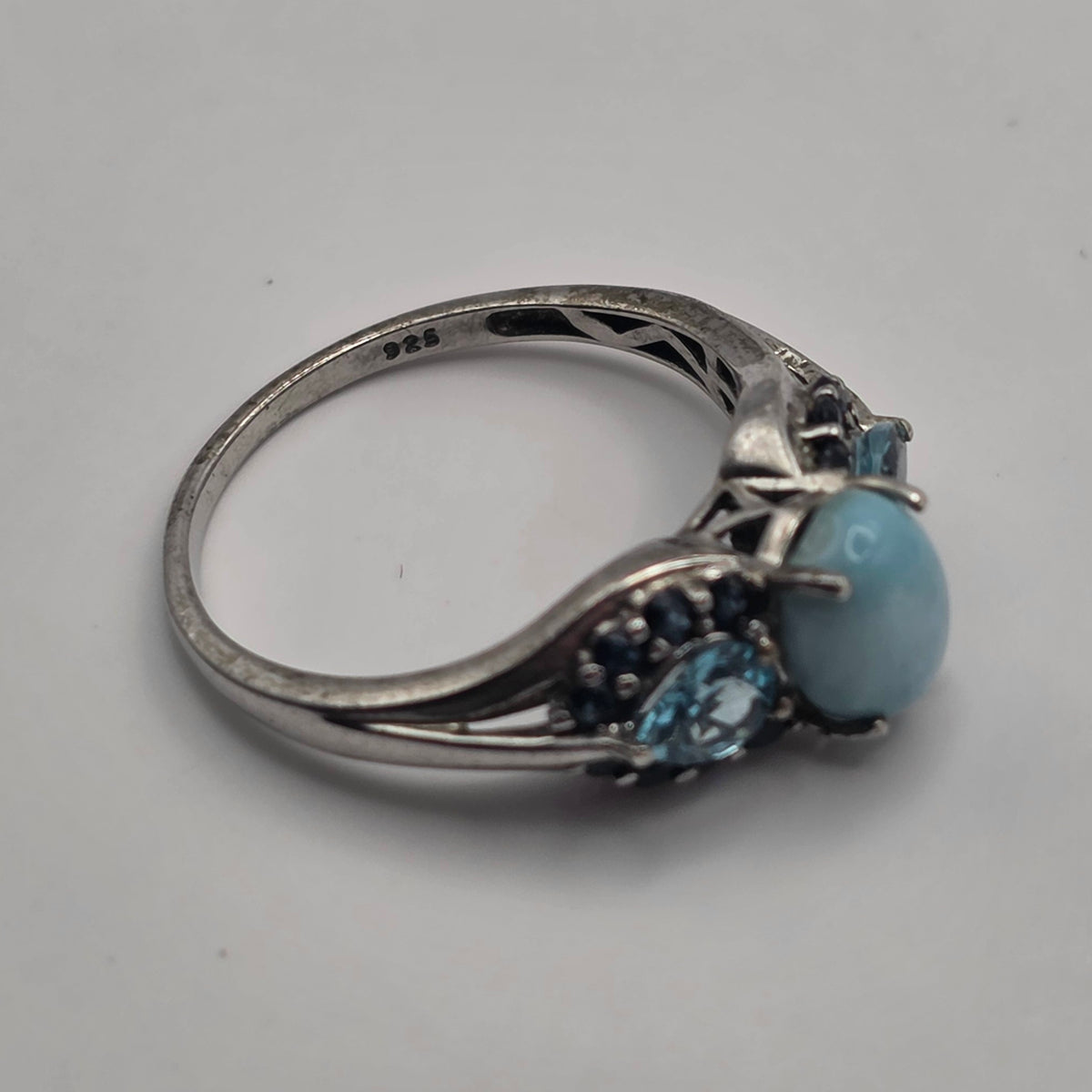 925 Sterling Silver Larimar Blue Topaz Onyx Ring Size 8