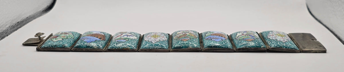 Vintage Persian 925 Sterling Silver Hand Painted Enamel Story Panel Bracelet 7.5"
