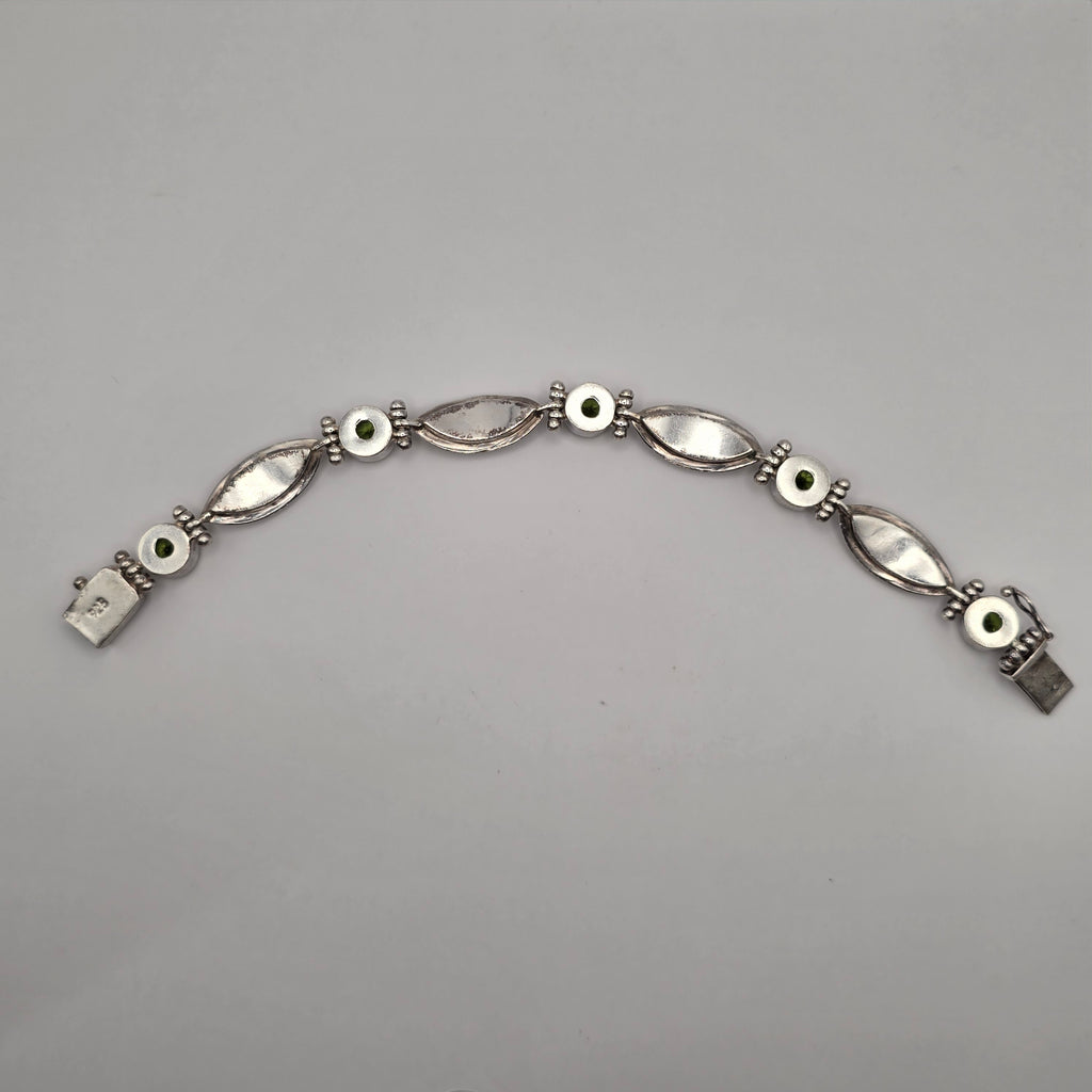 925 Sterling Silver Green Peridot Link Bracelet Scroll Filigree 7" 24.93g