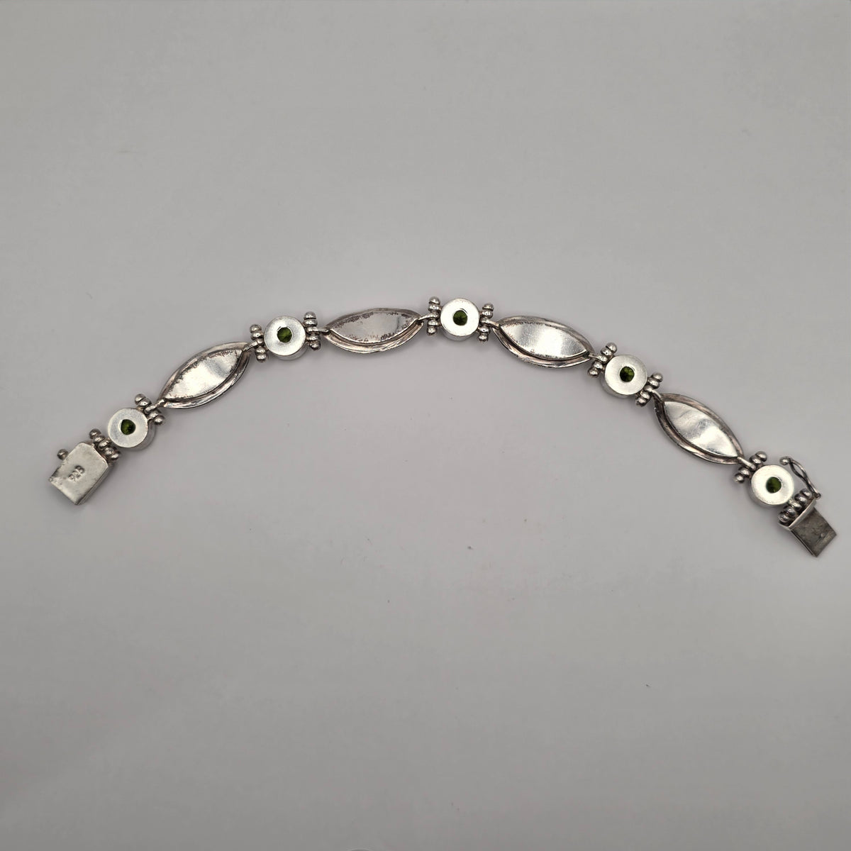 925 Sterling Silver Green Peridot Link Bracelet Scroll Filigree 7" 24.93g