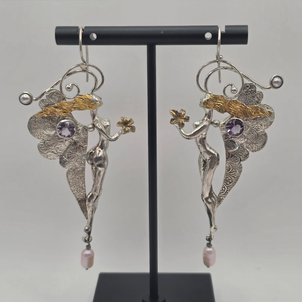 925 Sterling Silver Art Nouveau Nymph Fairy Amethyst Pearl Earrings 3.25" 20.83g