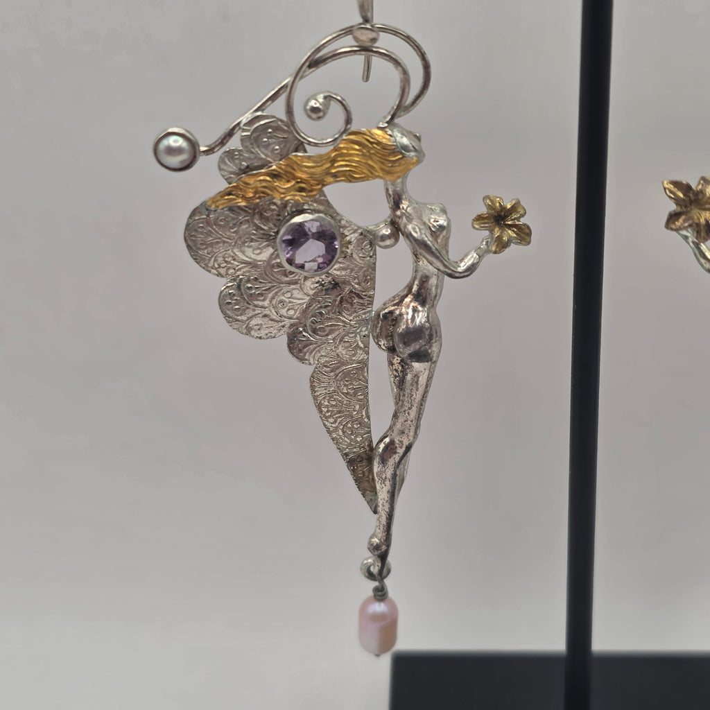925 Sterling Silver Art Nouveau Nymph Fairy Amethyst Pearl Earrings 3.25" 20.83g