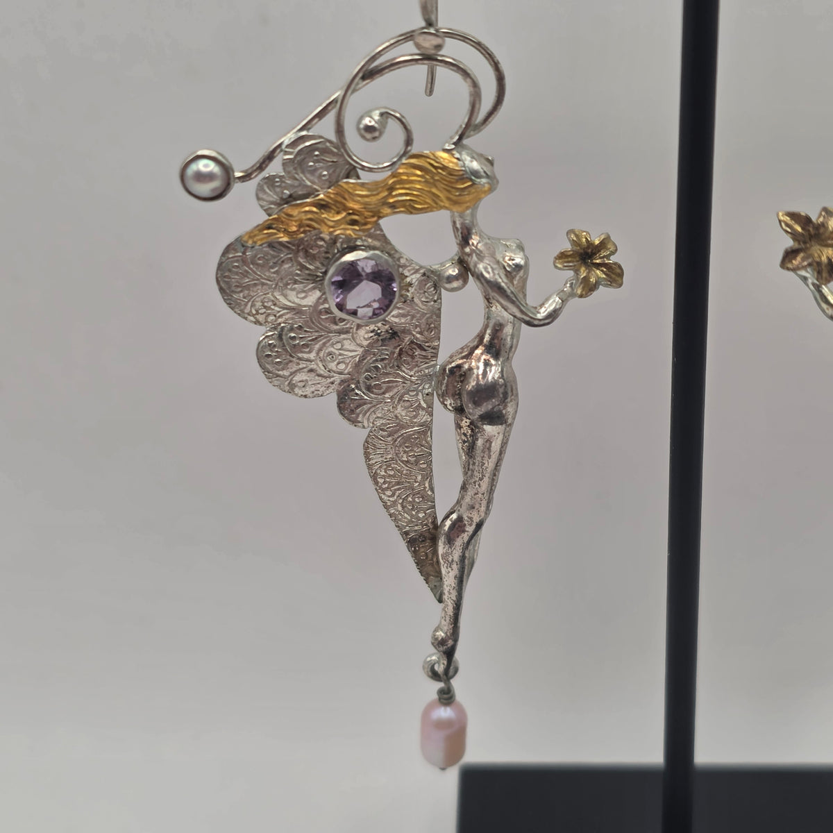 925 Sterling Silver Art Nouveau Nymph Fairy Amethyst Pearl Earrings 3.25" 20.83g