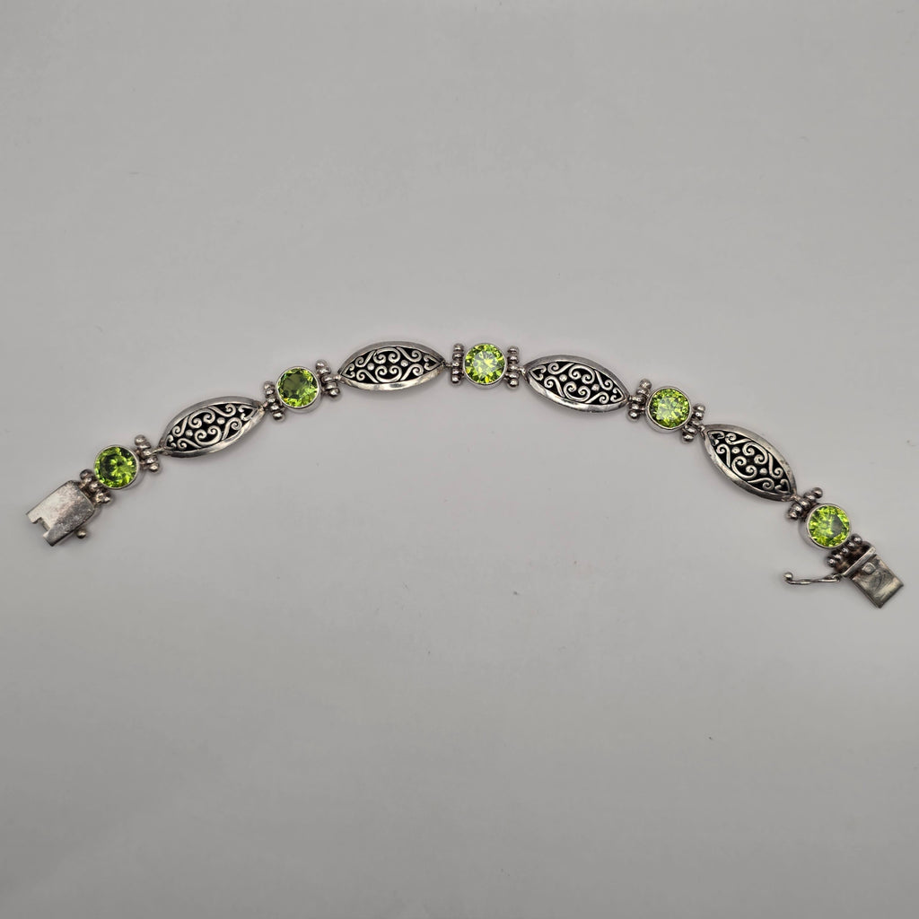 925 Sterling Silver Green Peridot Link Bracelet Scroll Filigree 7" 24.93g