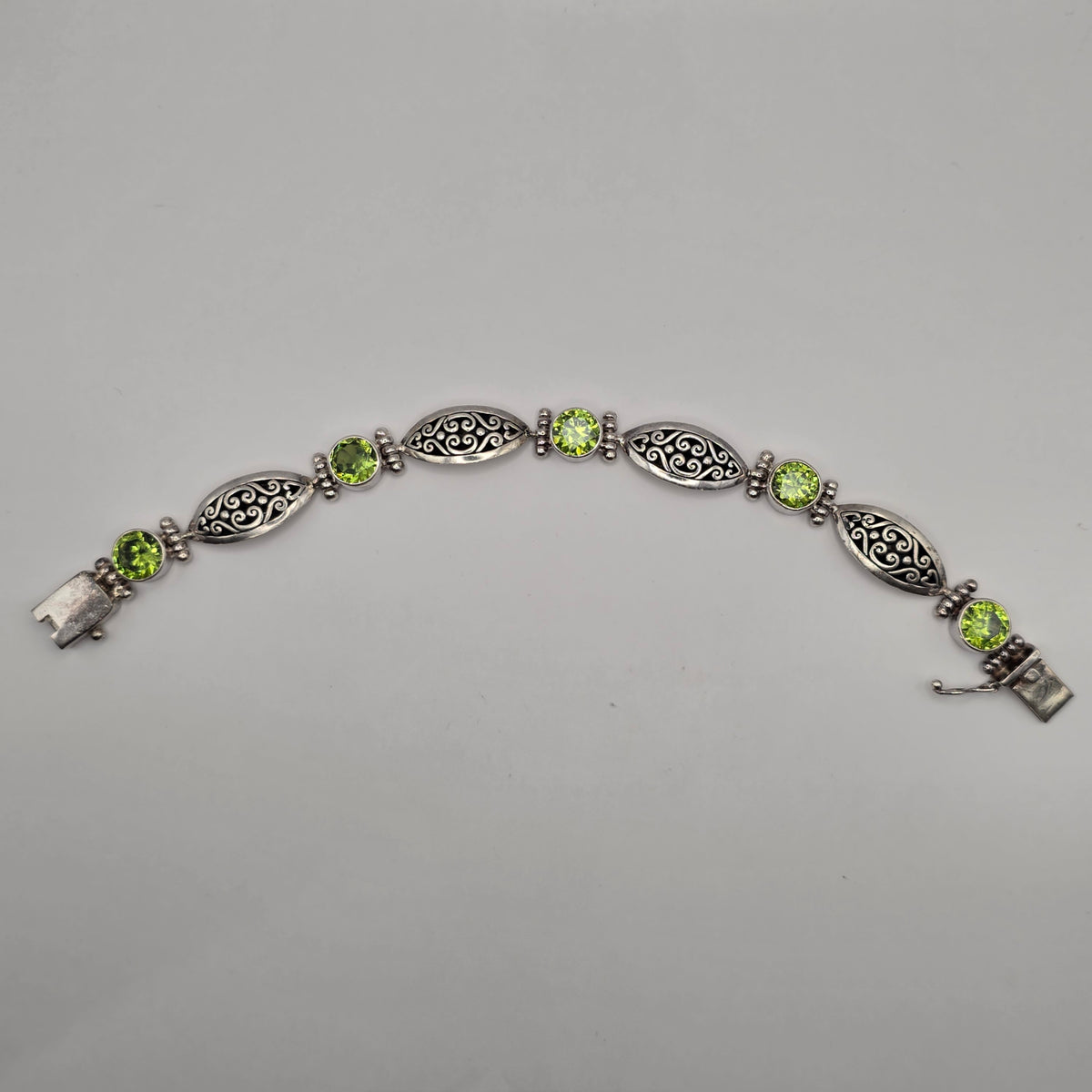 925 Sterling Silver Green Peridot Link Bracelet Scroll Filigree 7" 24.93g