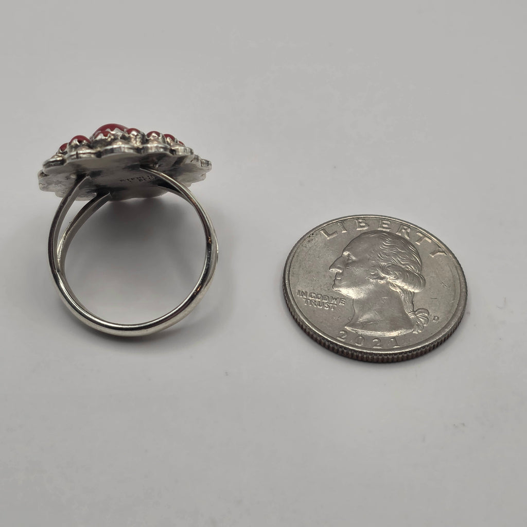 L Begay Red Coral Cluster Native 925 Sterling Silver Navajo Ring