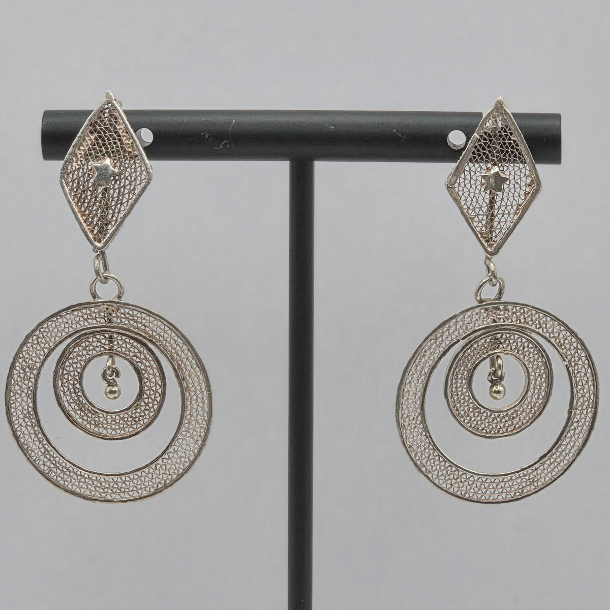 925 Sterling Silver Filigree Spiral Circle Dangle Earrings 45mm 4.36g