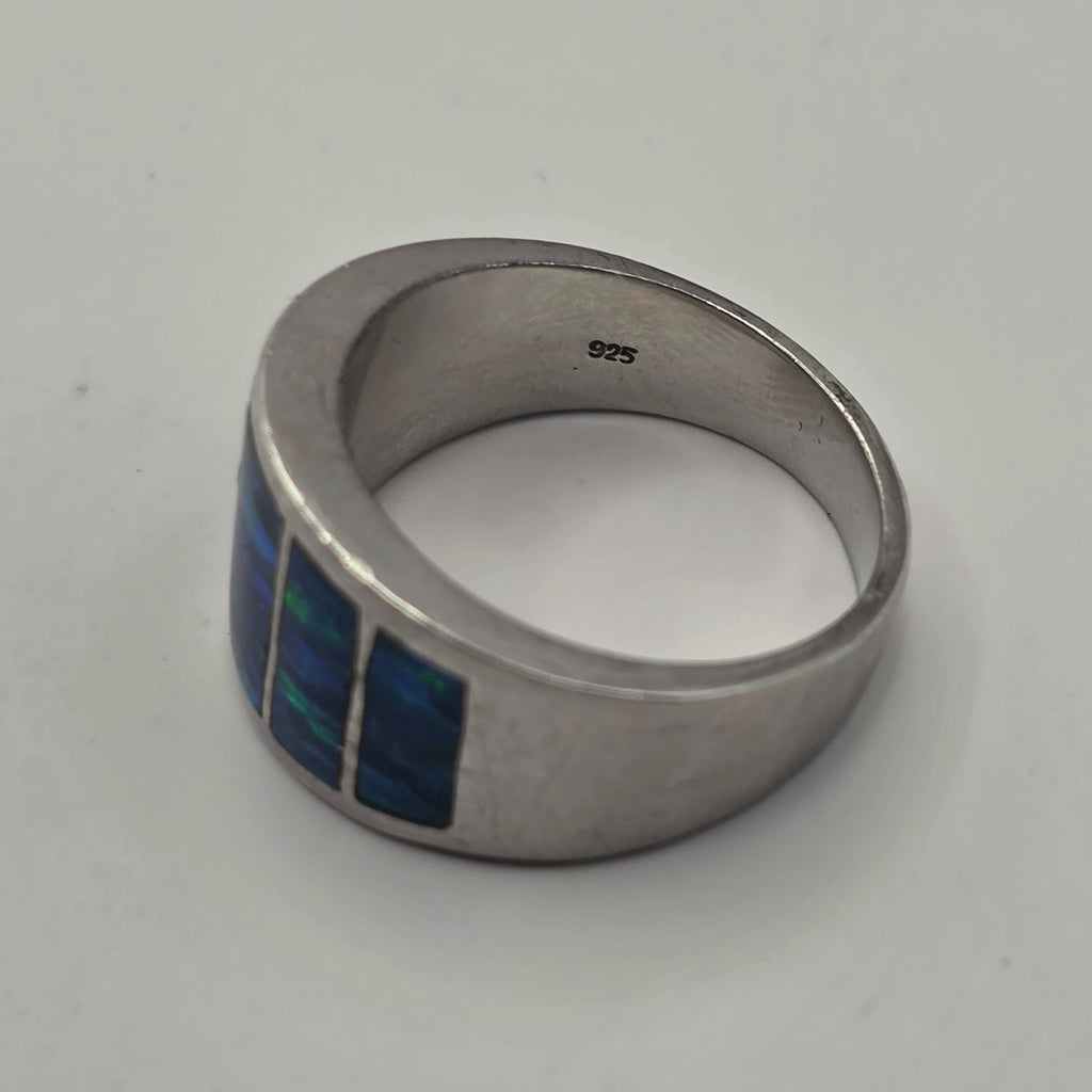 925 Sterling Silver Blue Opal Inlay Band Wide Statement Ring