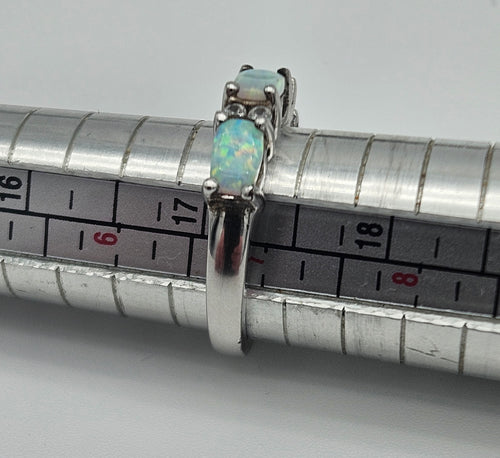 3 Stone Opal Silver Birthstone Ring