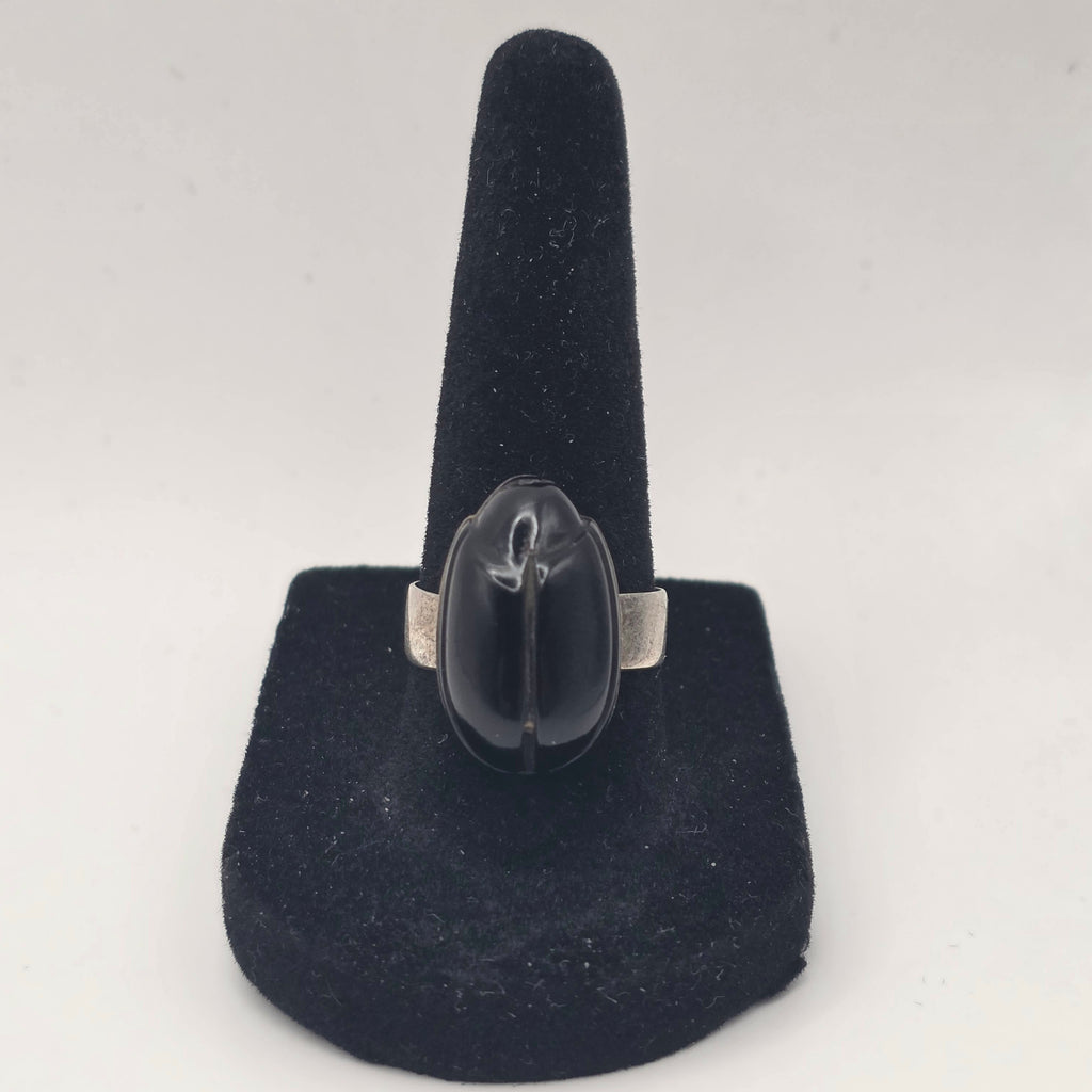 Carved Onyx Scarab Beetle Ring 925 Sterling Silver