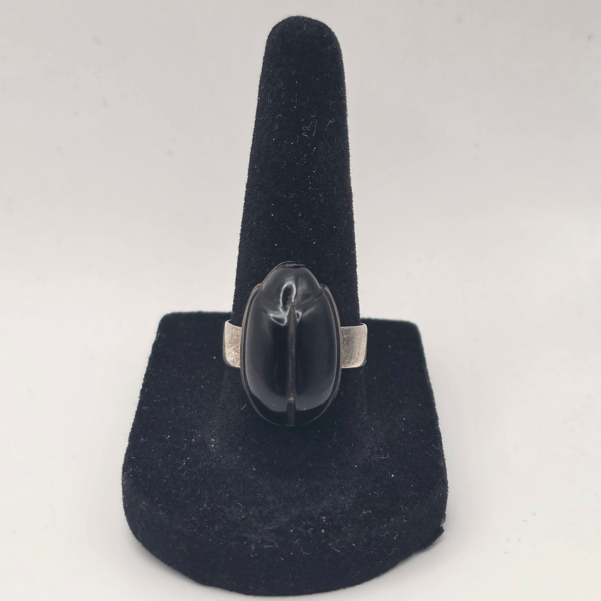 Carved Onyx Scarab Beetle Ring 925 Sterling Silver