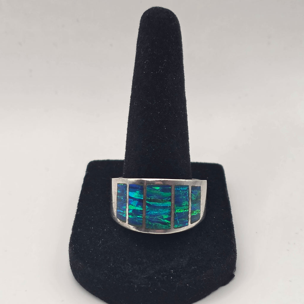 925 Sterling Silver Blue Opal Inlay Band Wide Statement Ring