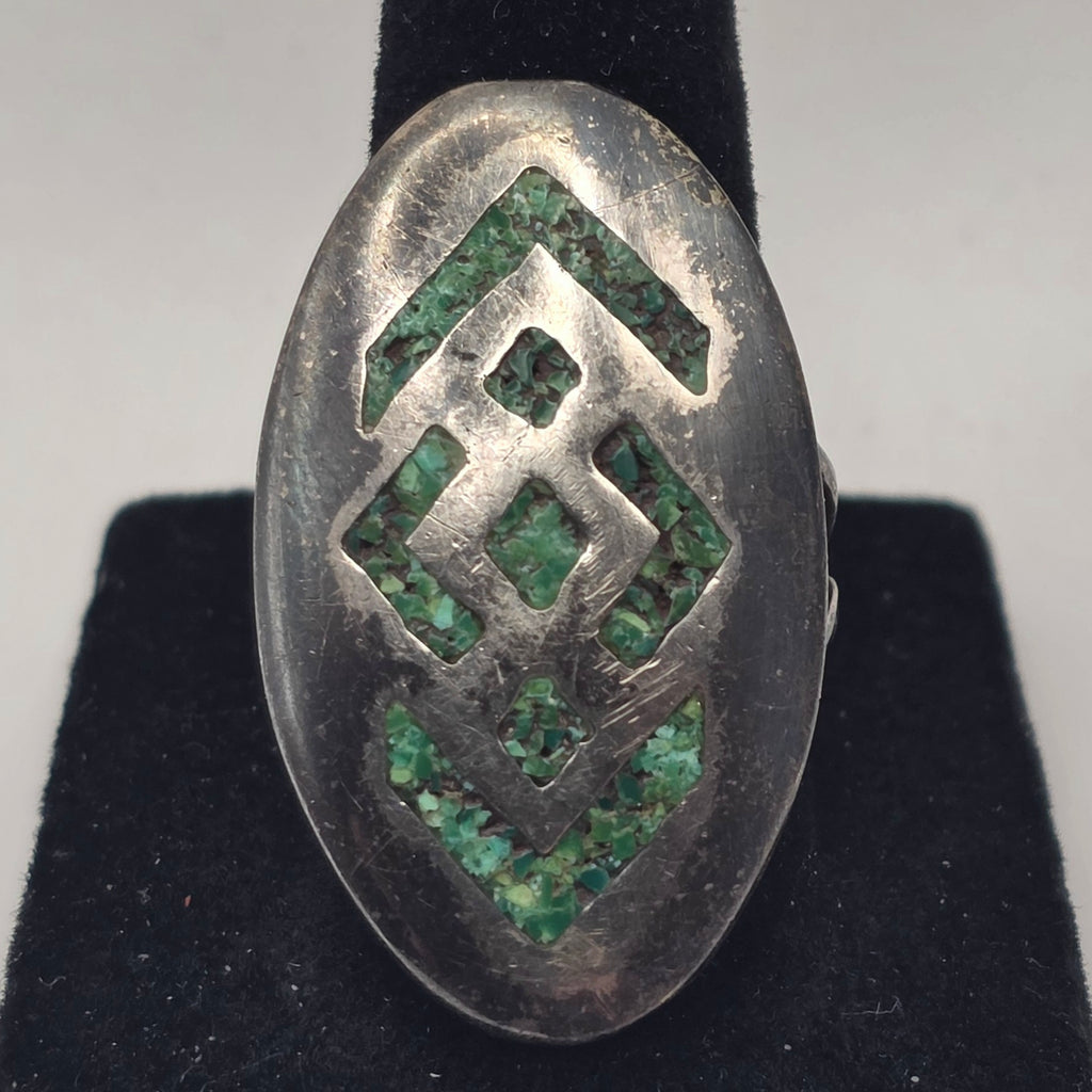 Vintage 925 Sterling Silver Green Turquoise Mosaic Inlay Ring Size 7.5