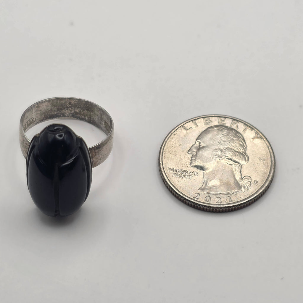 Carved Onyx Scarab Beetle Ring 925 Sterling Silver