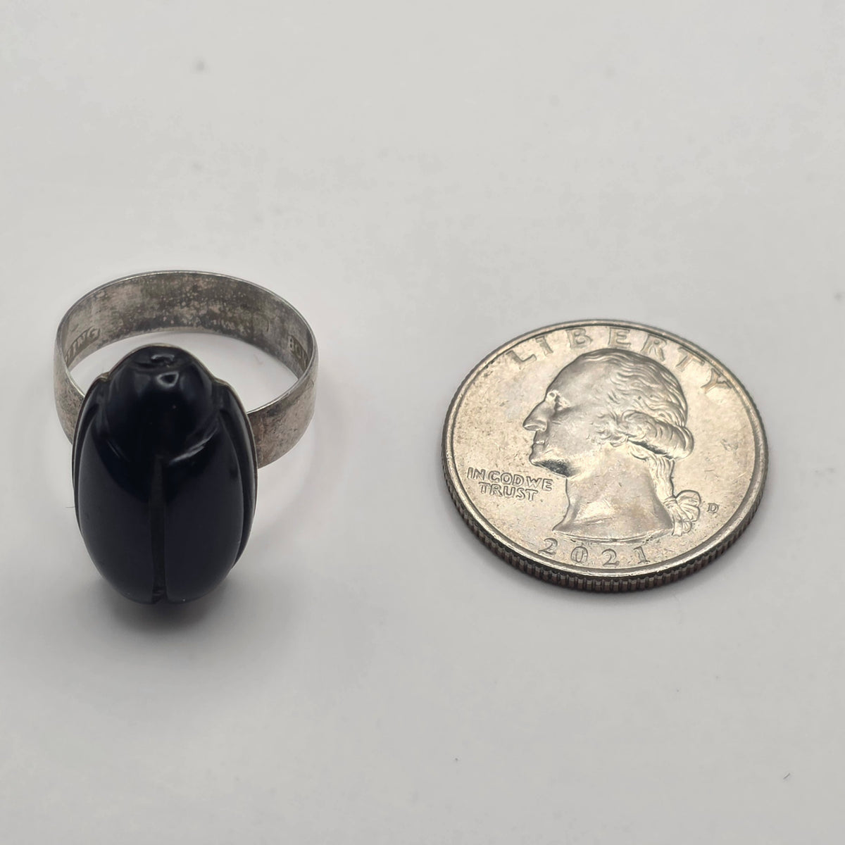 Carved Onyx Scarab Beetle Ring 925 Sterling Silver