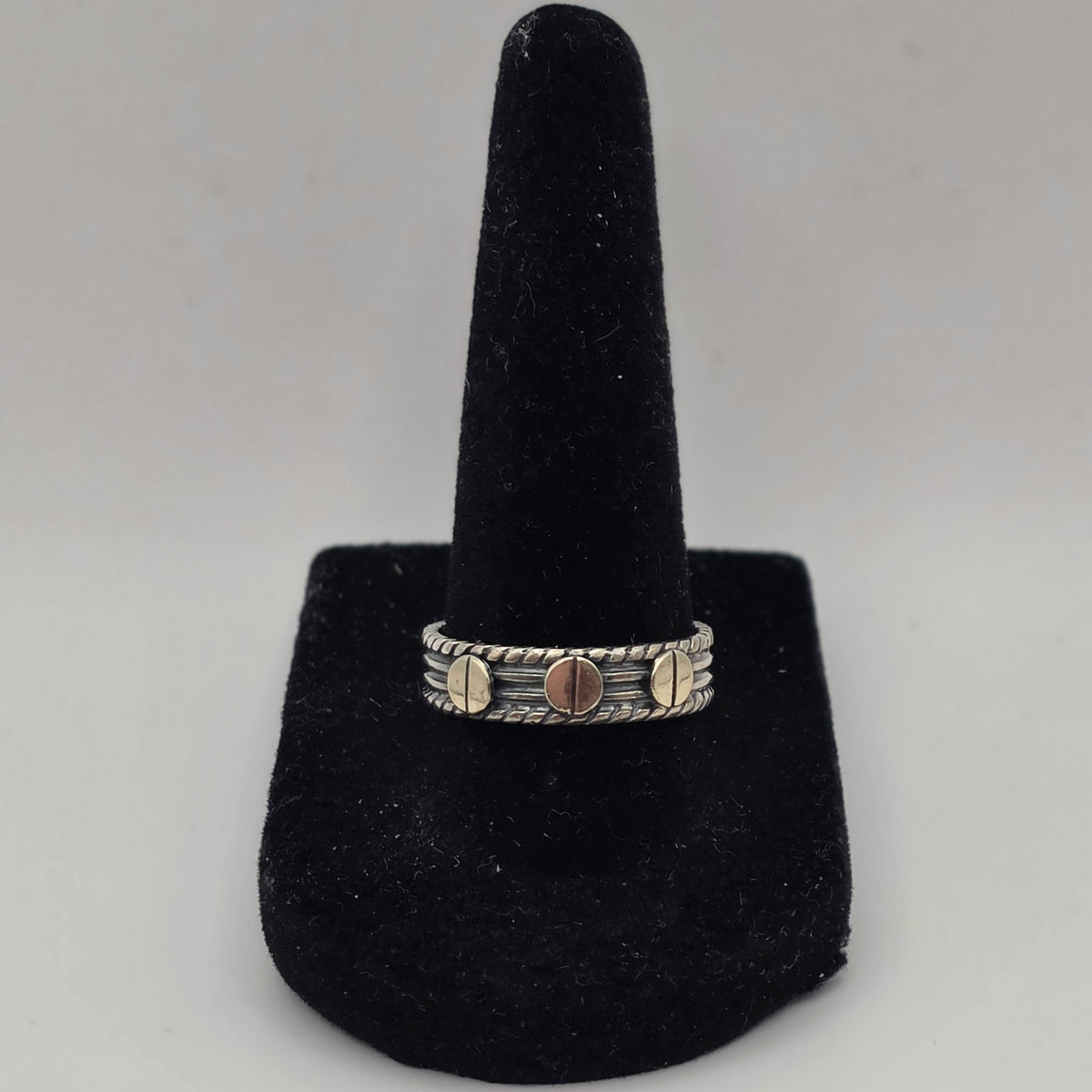 925 Sterling Silver Mixed Metal Wide Band Ring 8.5mm Oxidized 3.48g Size 8.5
