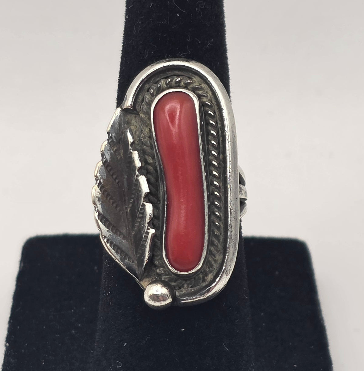 Red Coral Navajo Feather Sterling Silver Ring Size 5