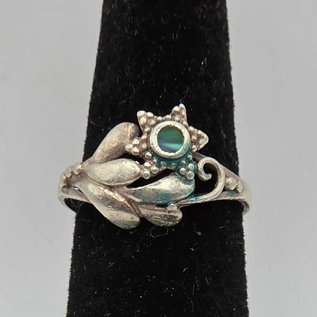 925 Sterling Silver Abalone Shell Botanical Floral Boho Ring Size 4 Vintage Style