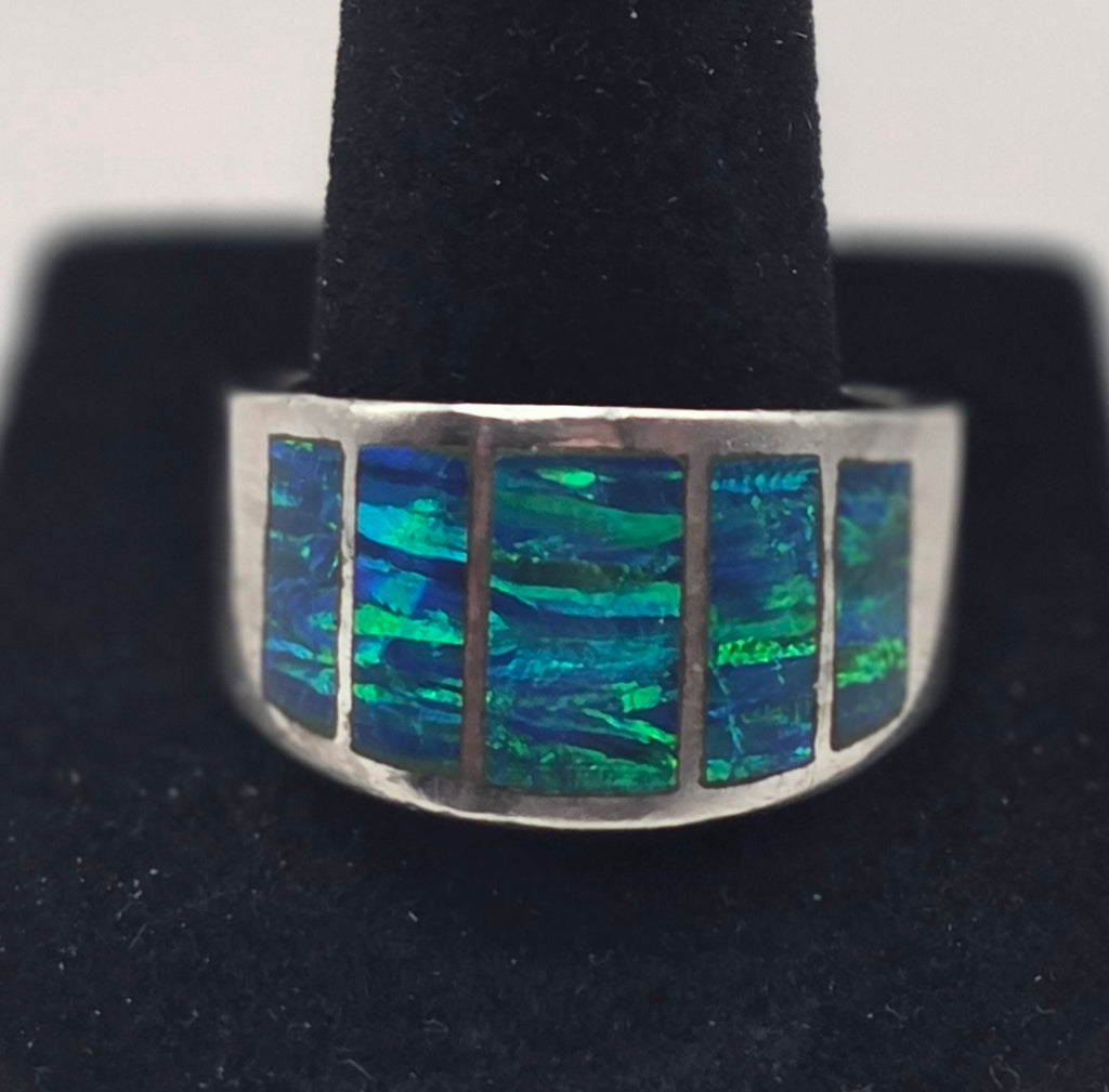 925 Sterling Silver Blue Opal Inlay Band Wide Statement Ring