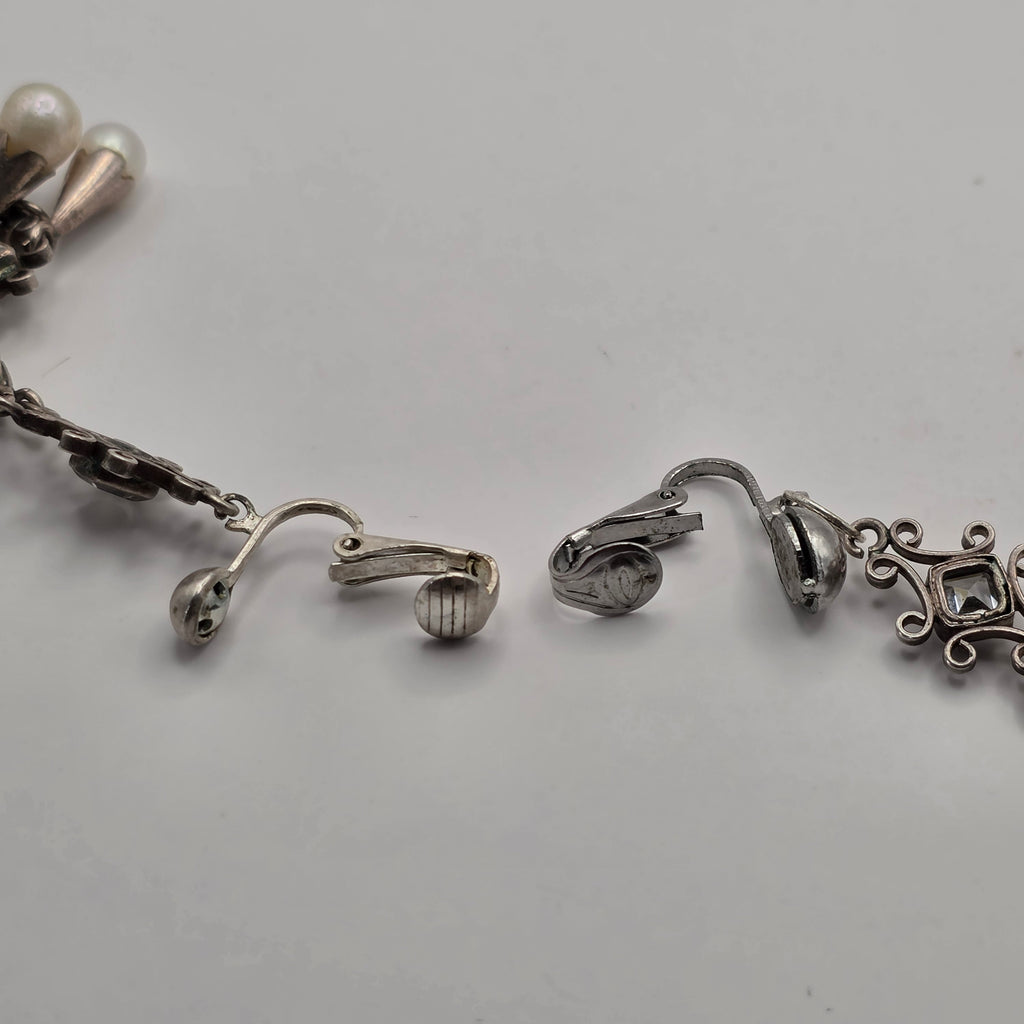 925 Sterling Silver Pearl Rhinestone Chandelier Clip-On Earrings 3" 14.12g