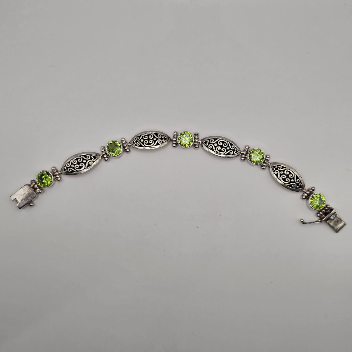 925 Sterling Silver Green Peridot Link Bracelet Scroll Filigree 7" 24.93g