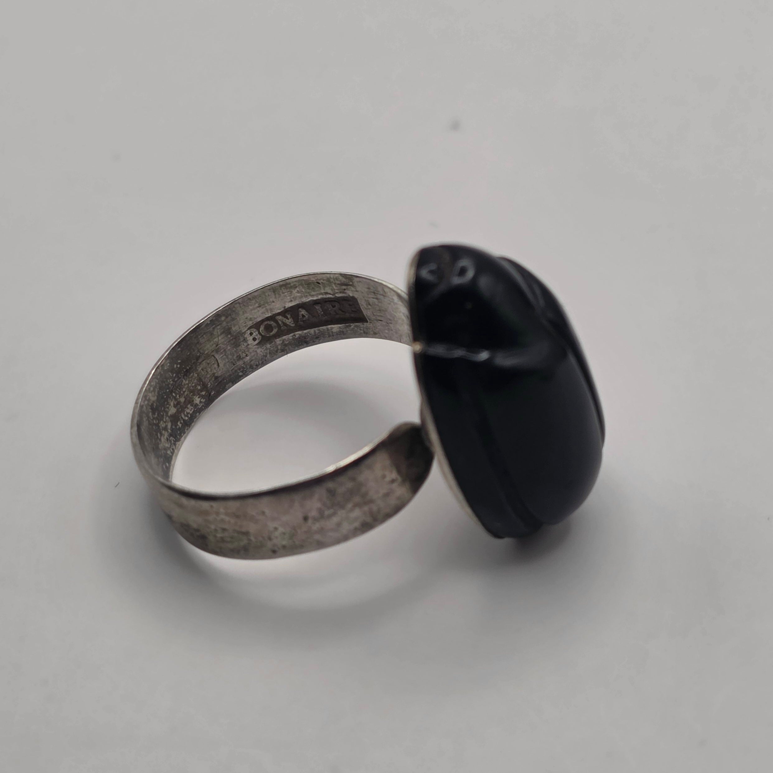 Carved Onyx Scarab Beetle Ring 925 Sterling Silver