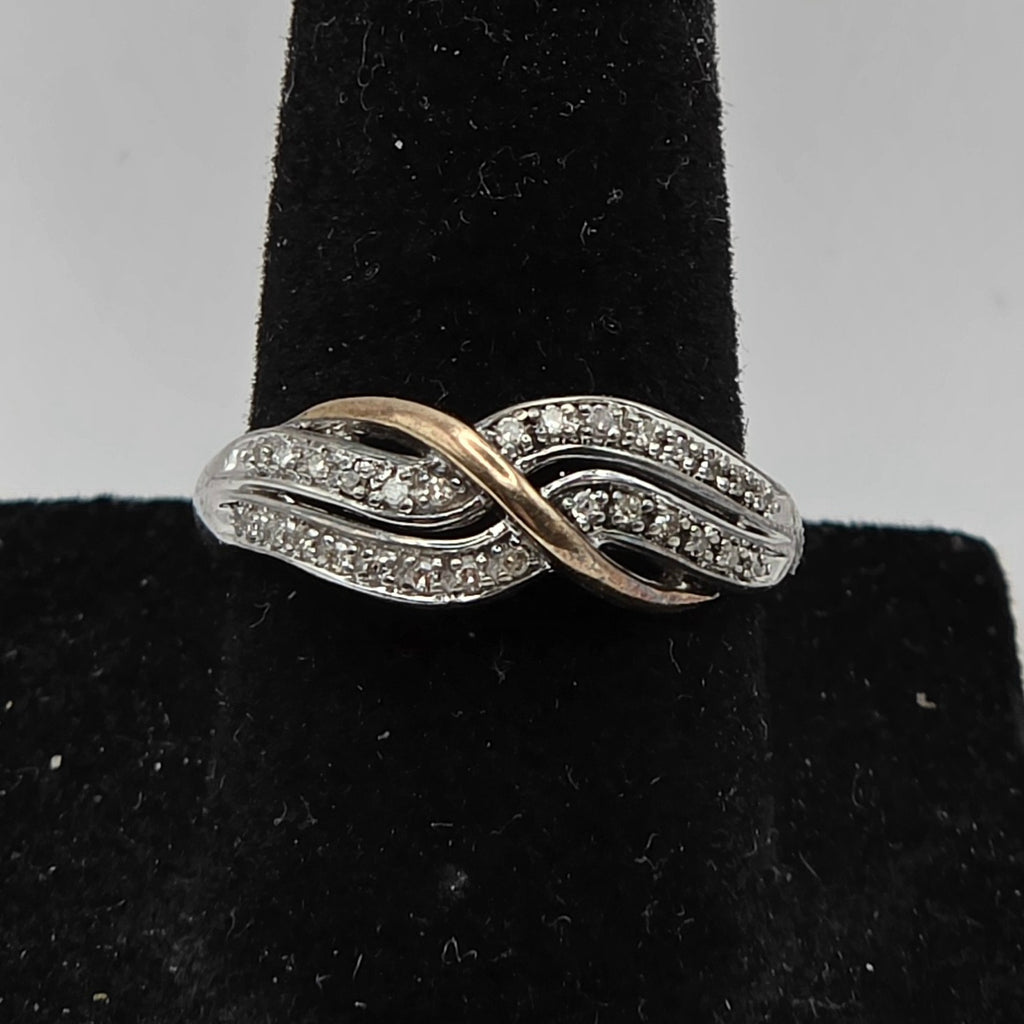 925 Sterling Silver 10K Yellow Gold Crossover Natural Diamond Ring Size 7 3.05g