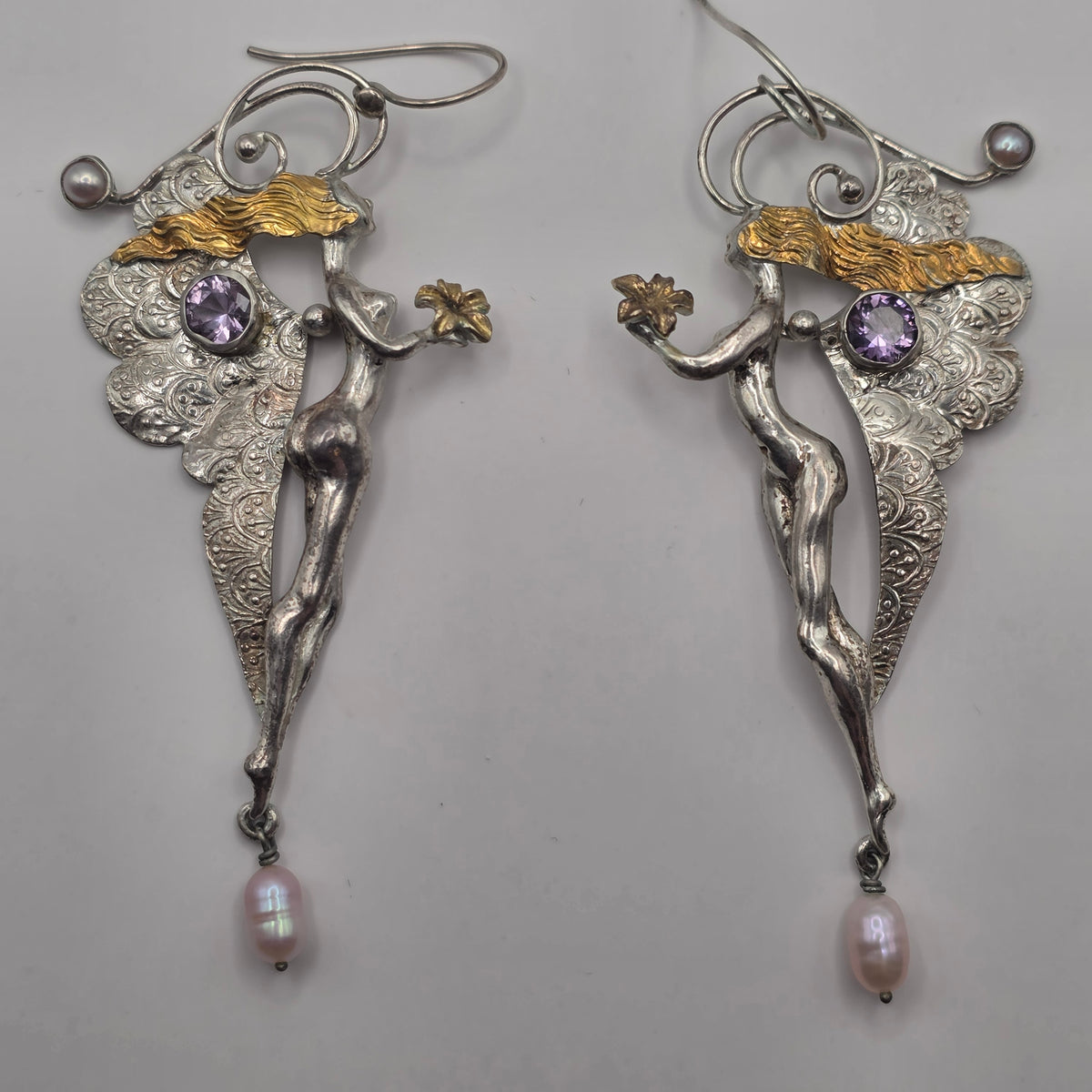 925 Sterling Silver Art Nouveau Nymph Fairy Amethyst Pearl Earrings 3.25" 20.83g