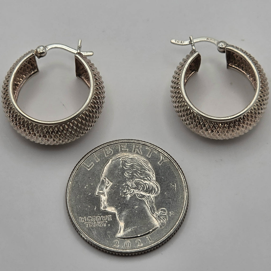 925 Sterling Silver Wide Textured Hoop Earrings Diamond Cut 20mm 3.24g