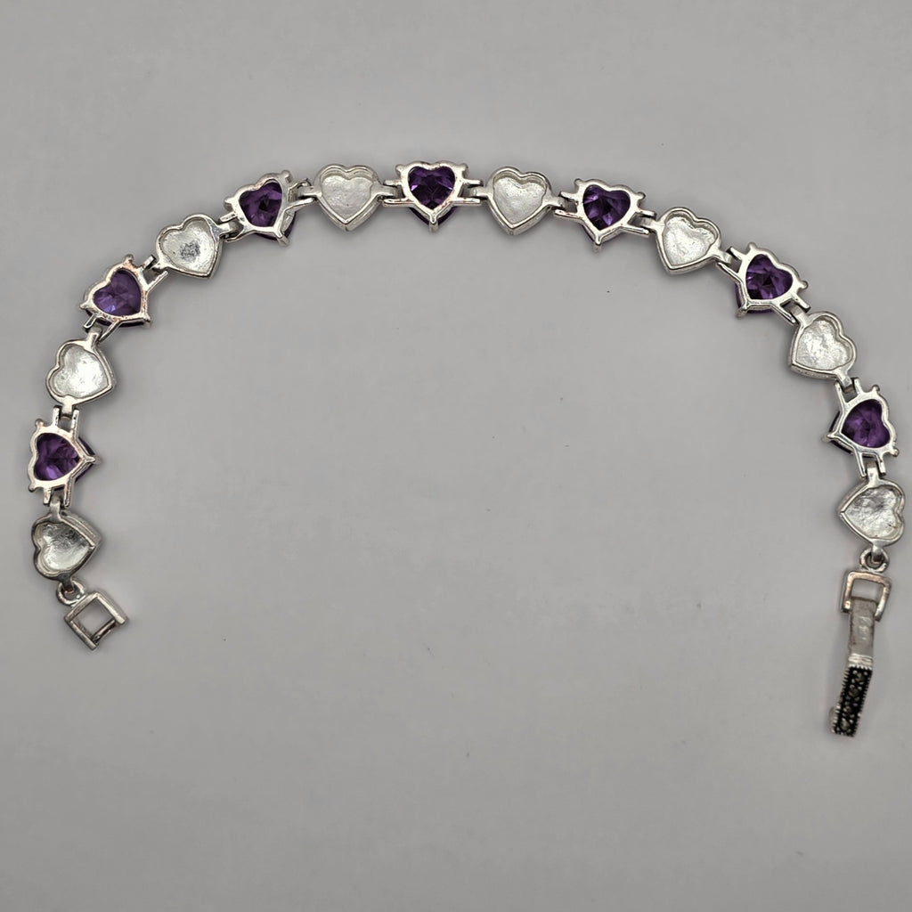 Sterling Silver 925 Purple CZ & Marcasite Heart Tennis Bracelet 7" 18.08g