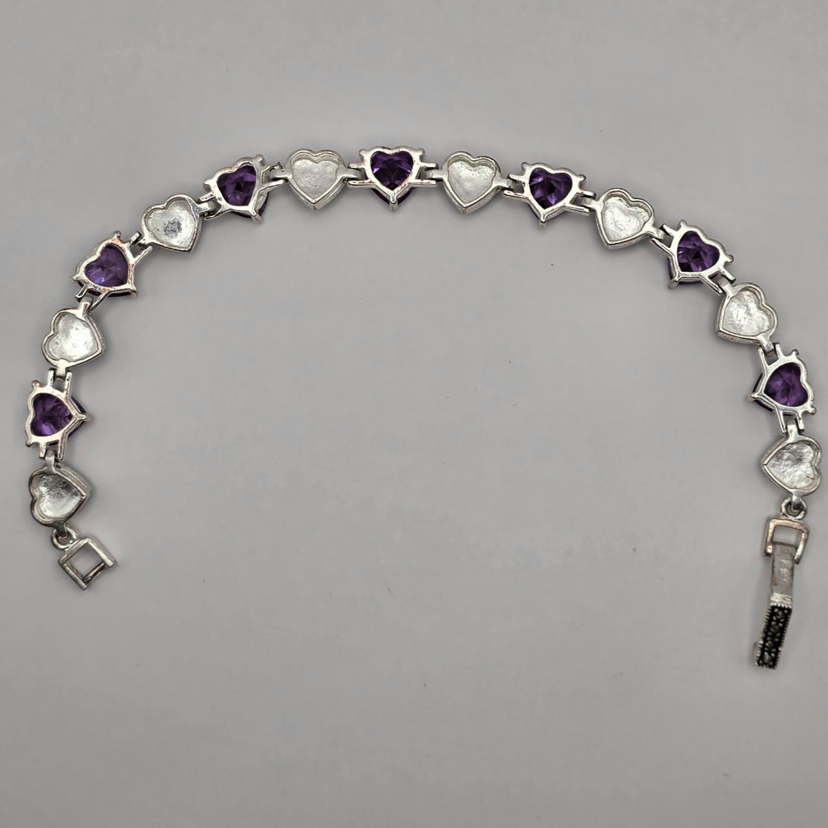Sterling Silver 925 Purple CZ & Marcasite Heart Tennis Bracelet 7" 18.08g