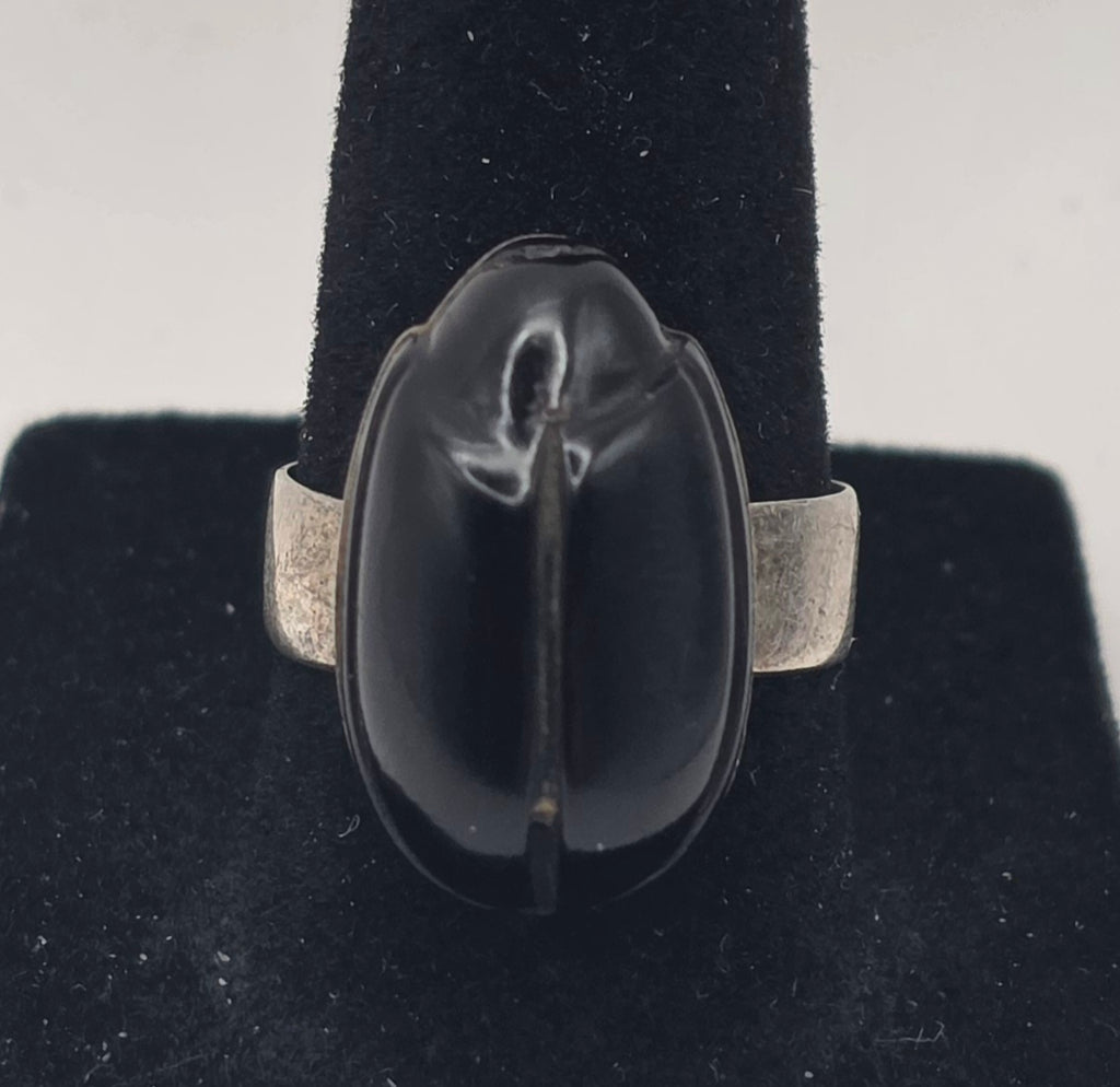 Carved Onyx Scarab Beetle Ring 925 Sterling Silver