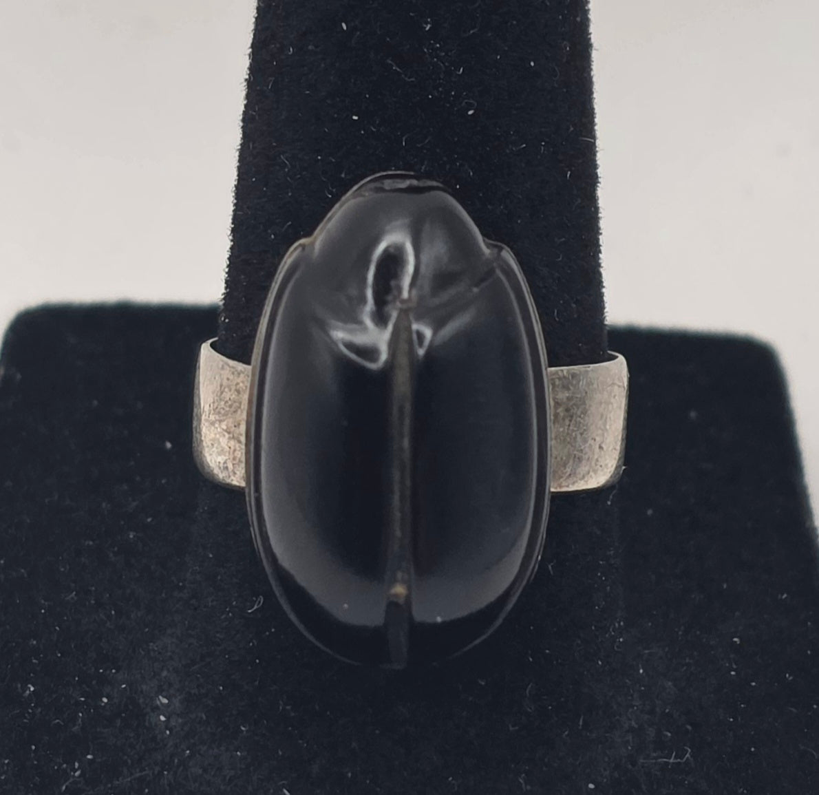 Carved Onyx Scarab Beetle Ring 925 Sterling Silver