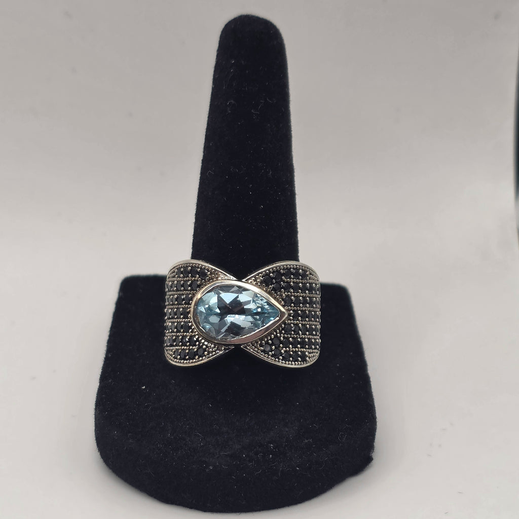 925 Sterling Silver Blue Topaz Black Onyx Statement Size 9 Ring