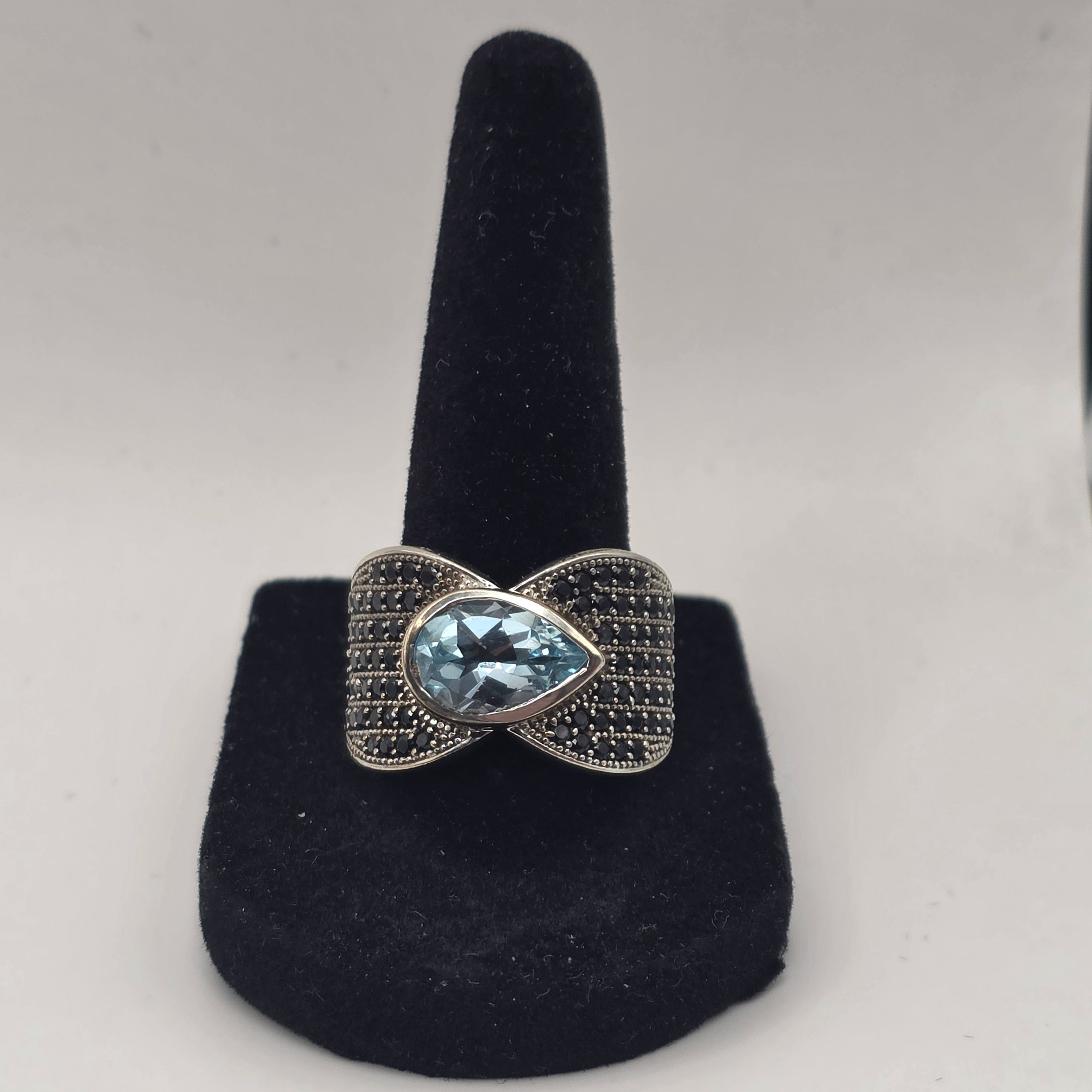 925 Sterling Silver Blue Topaz Black Onyx Statement Size 9 Ring