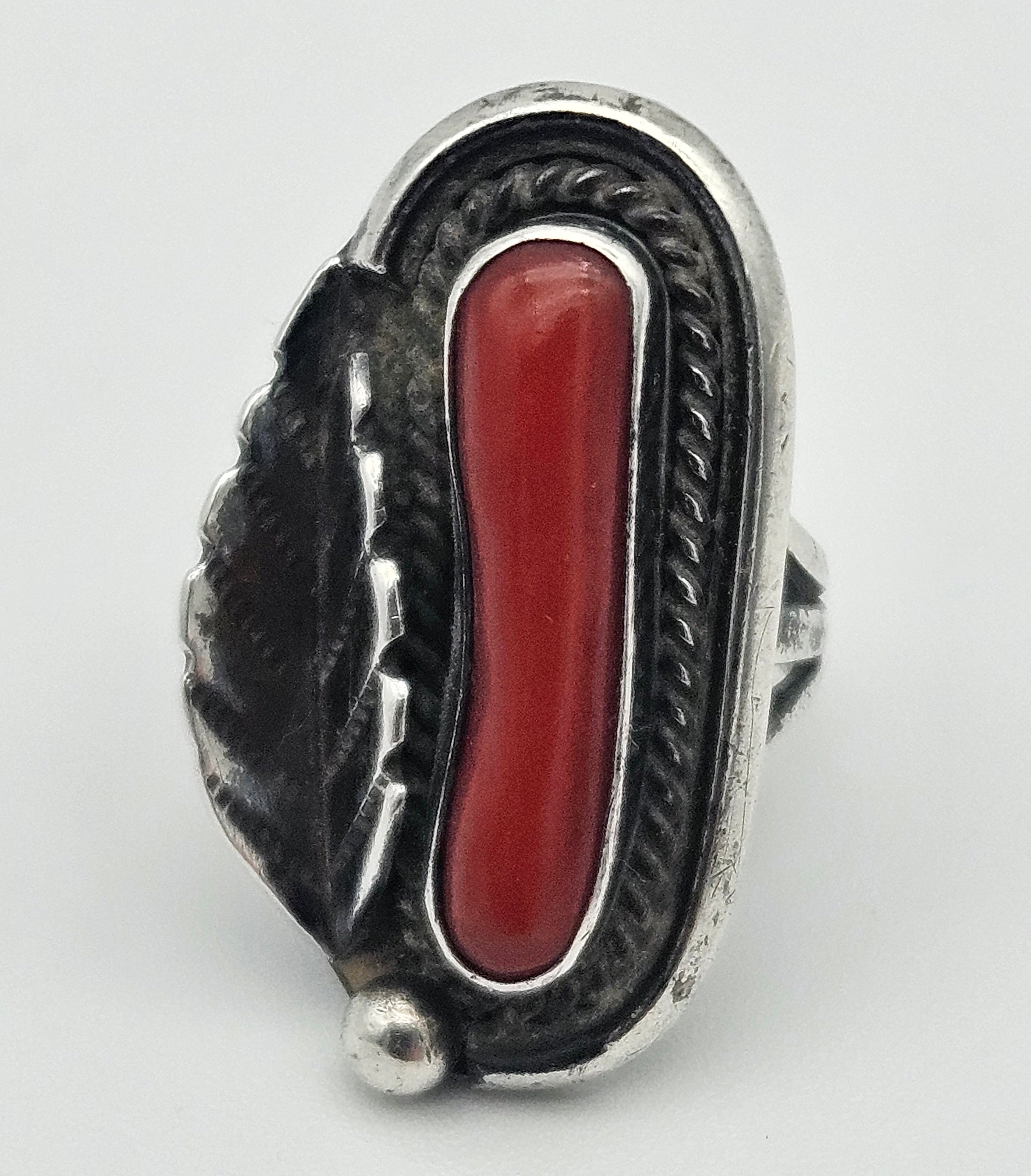 Red Coral Navajo Feather Sterling Silver Ring