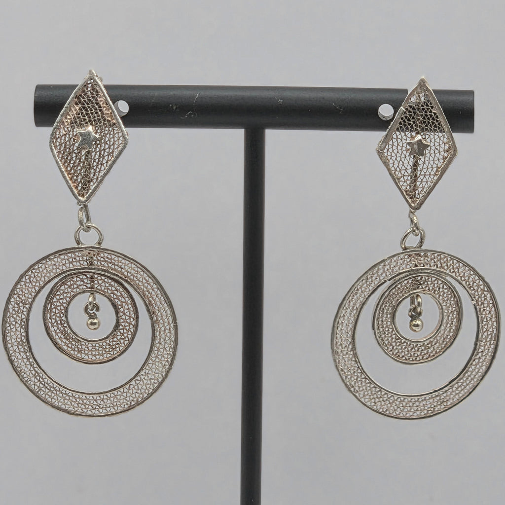 925 Sterling Silver Filigree Spiral Circle Dangle Earrings 45mm 4.36g