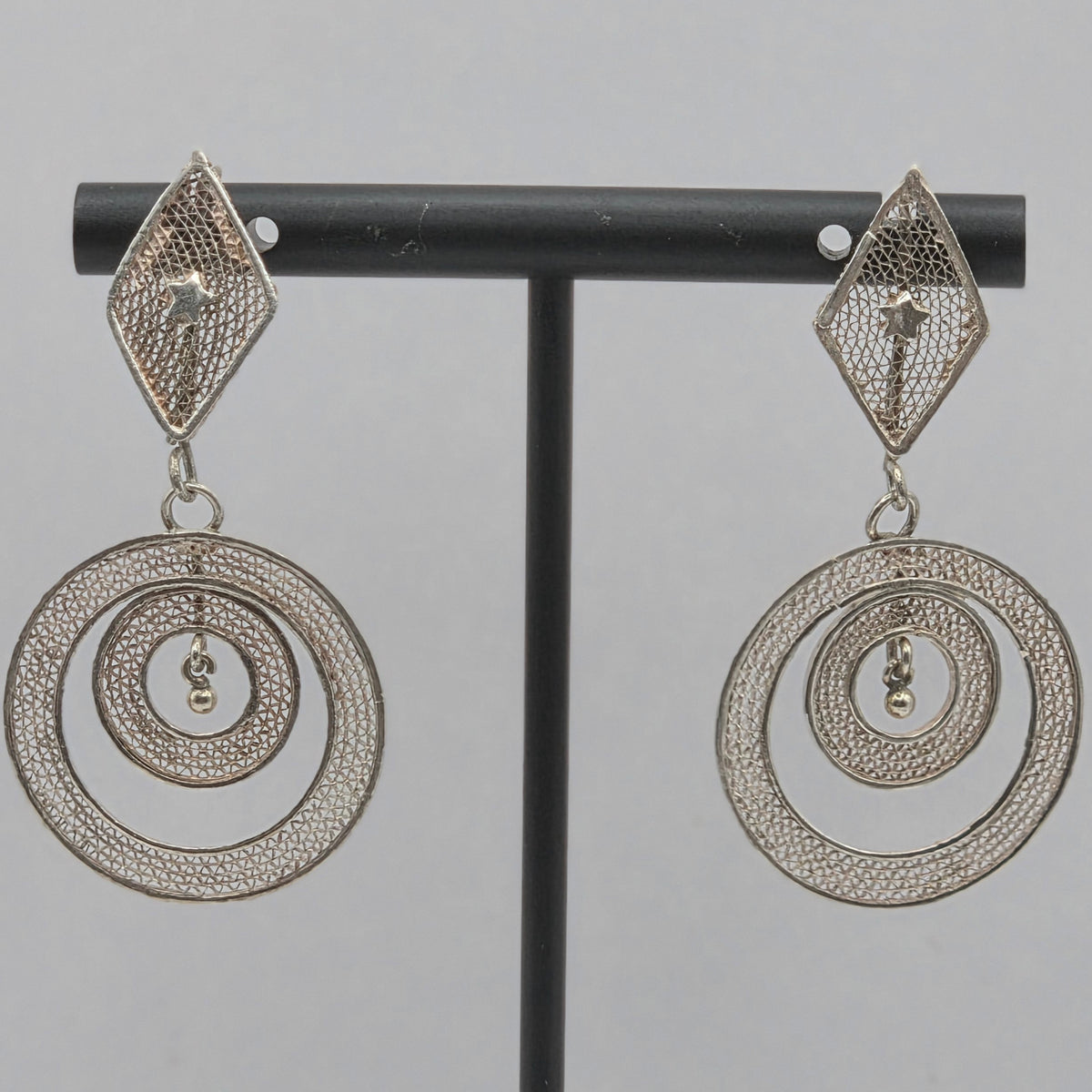 925 Sterling Silver Filigree Spiral Circle Dangle Earrings 45mm 4.36g