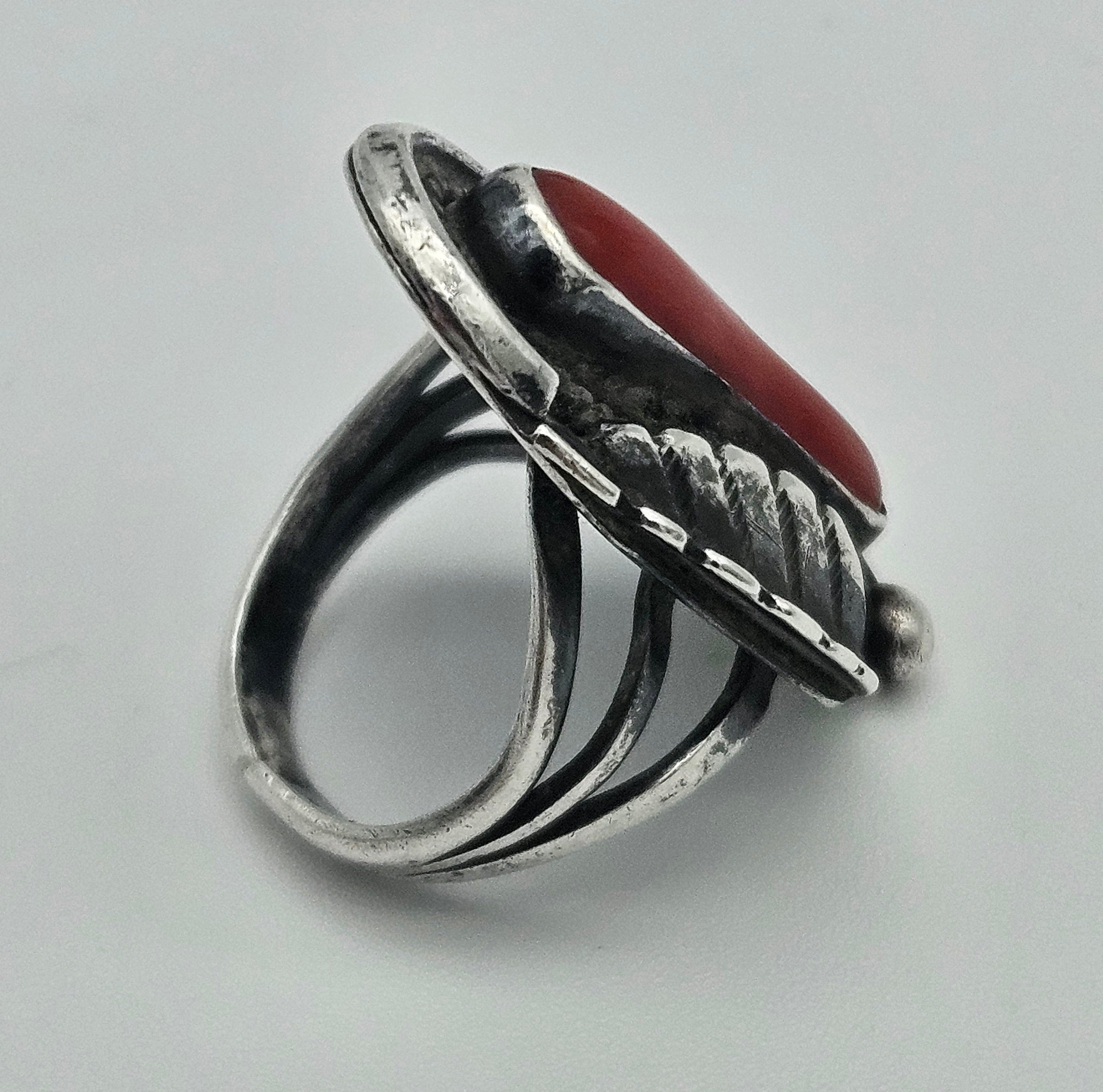 Red Coral Navajo Feather Sterling Silver Ring