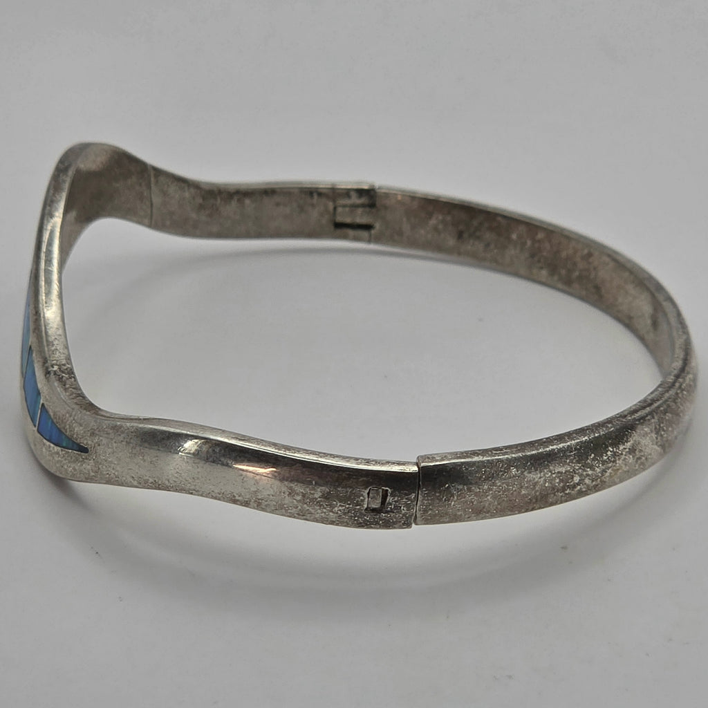 925 Sterling Silver Black Opal Inlay Wave Hinged Bangle Bracelet 7" 16.96g
