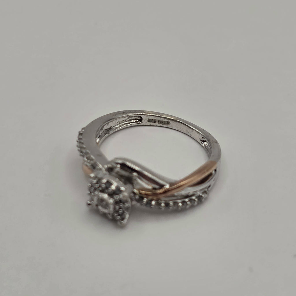 925 & 10k Sterling Silver Two-Tone Diamond Cluster Halo Ring Size