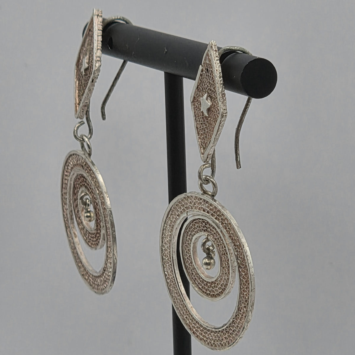 925 Sterling Silver Filigree Spiral Circle Dangle Earrings 45mm 4.36g