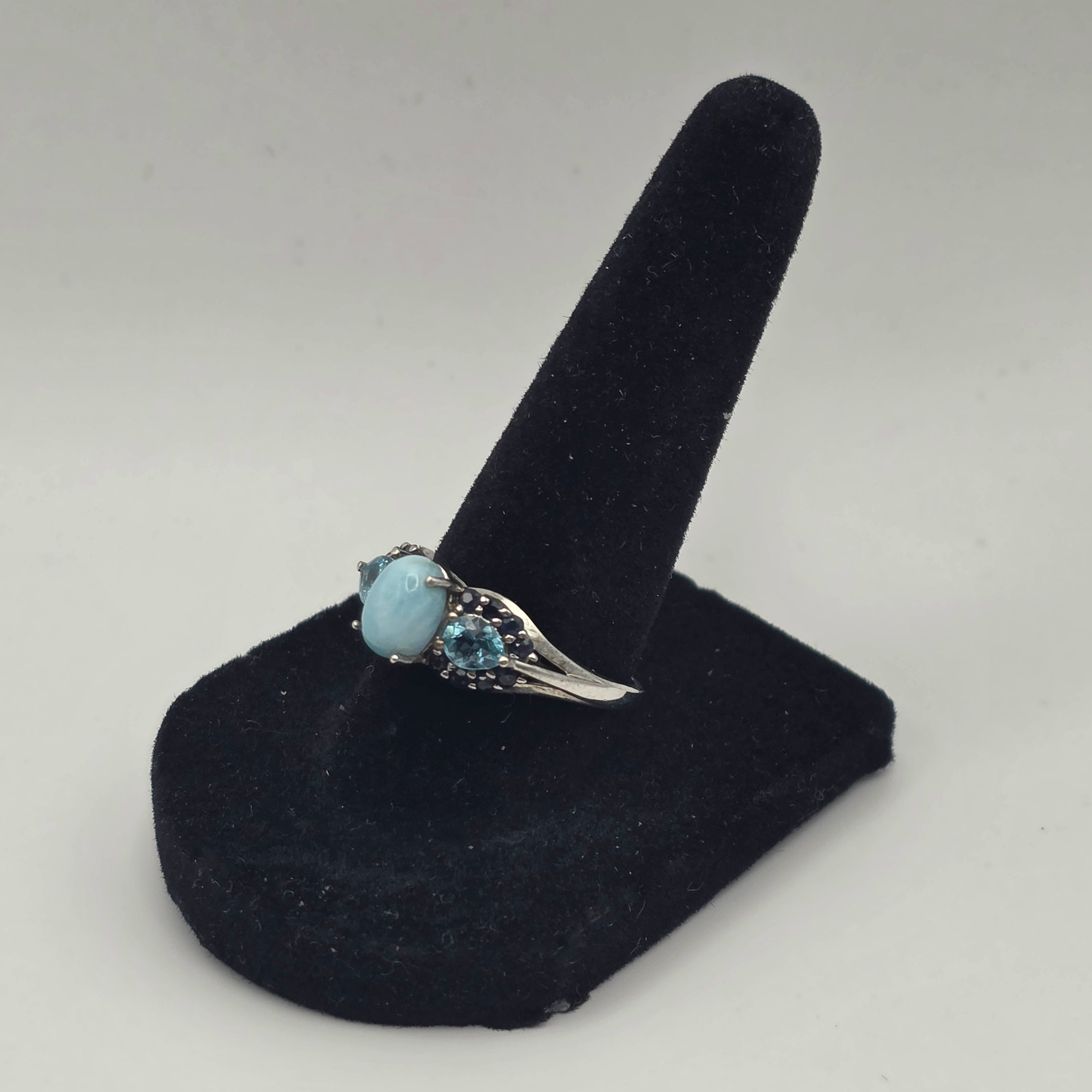 925 Sterling Silver Larimar Blue Topaz Onyx Ring Size 8