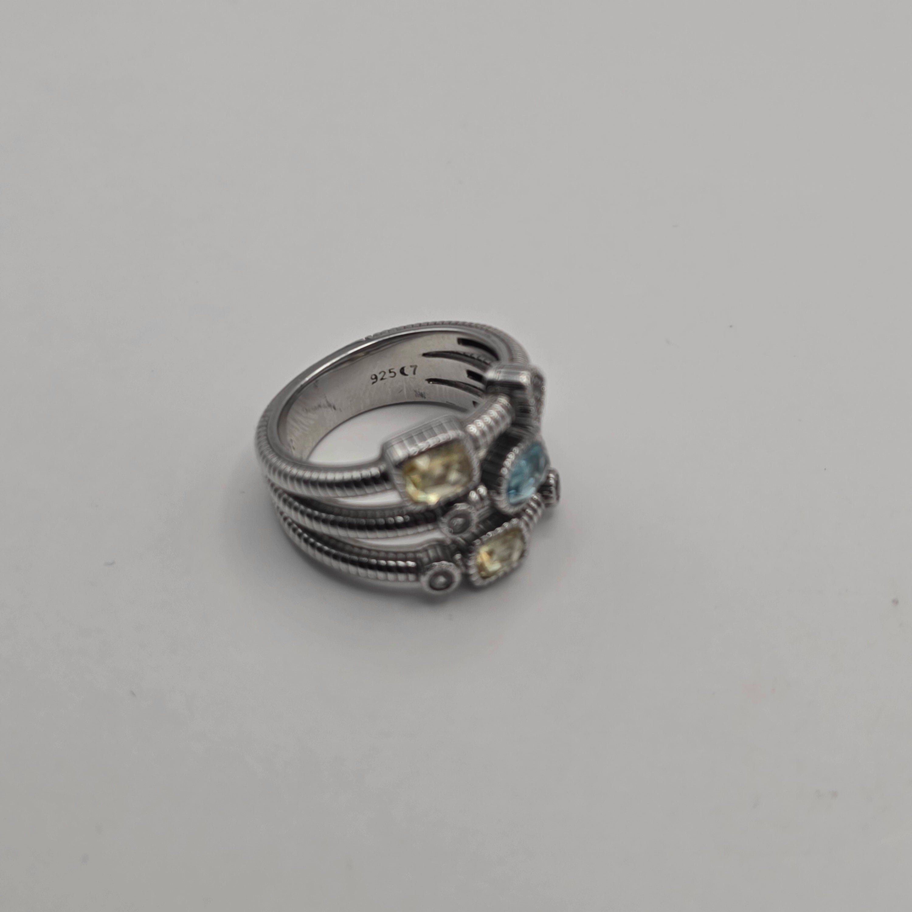 Judith Ripka Sterling Silver Sky Blue & Canary Crystal Multi-Band Ring Size 7