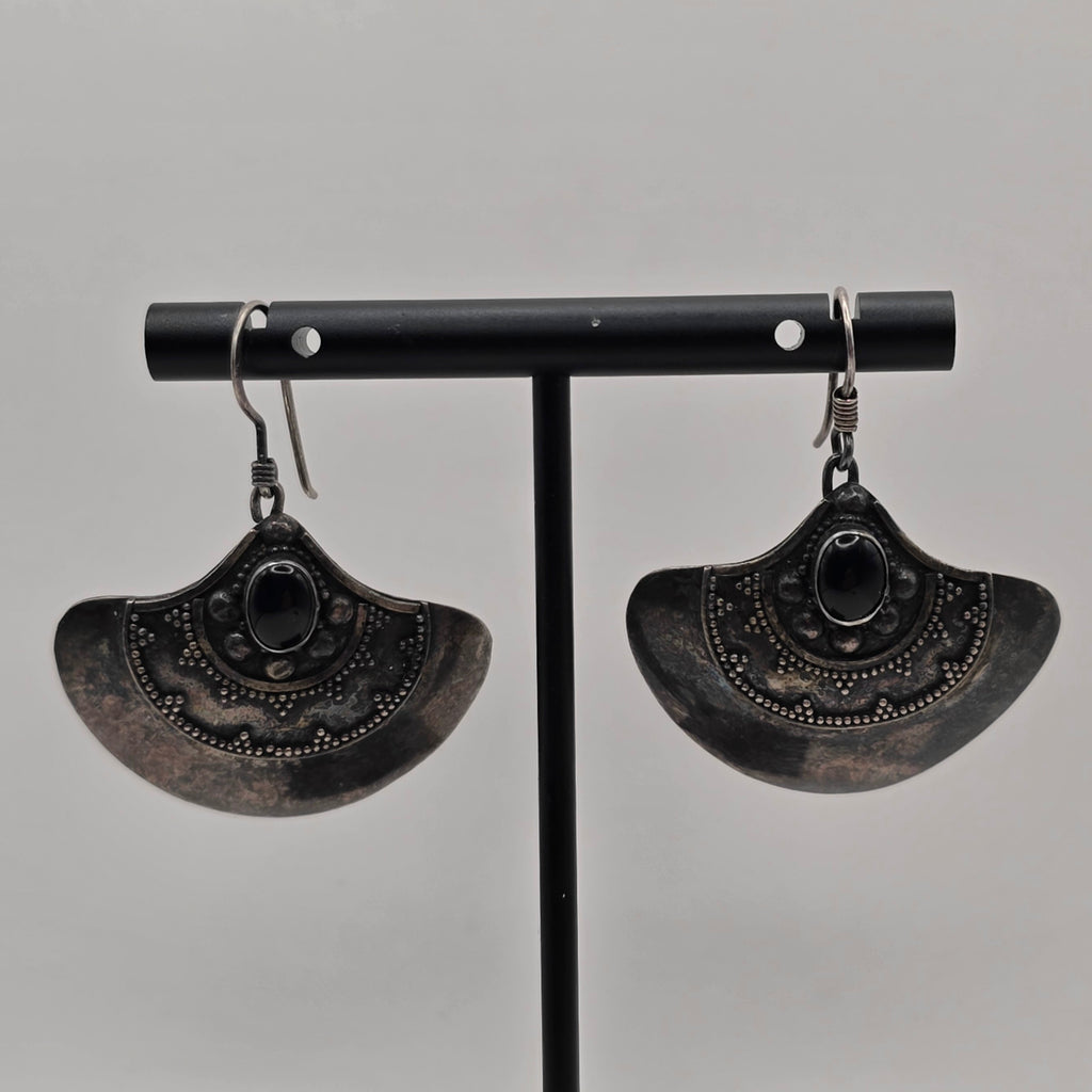 Vintage 925 Sterling Silver Onyx Fan Dangle Earrings – 6.90g