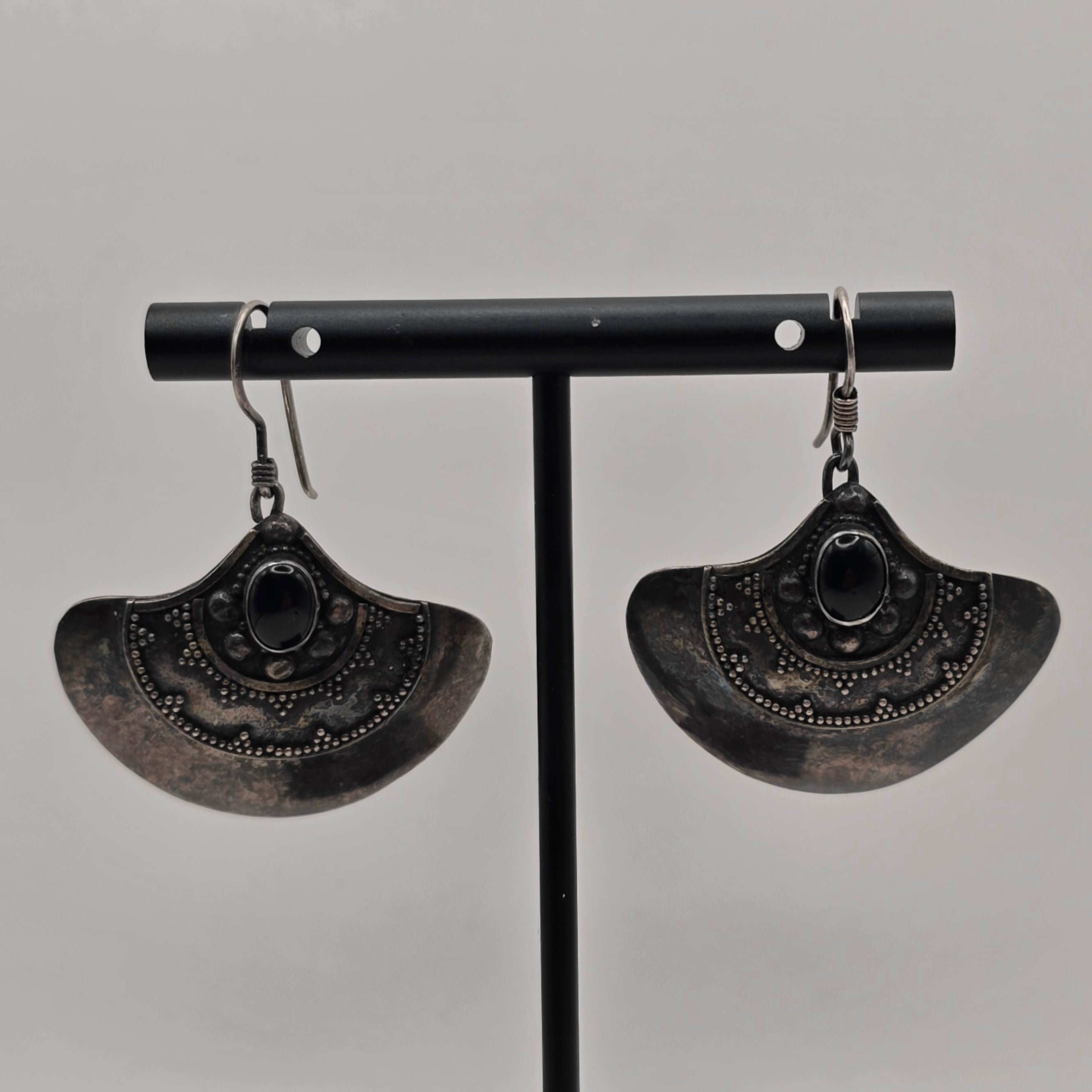 Vintage 925 Sterling Silver Onyx Fan Dangle Earrings – 6.90g