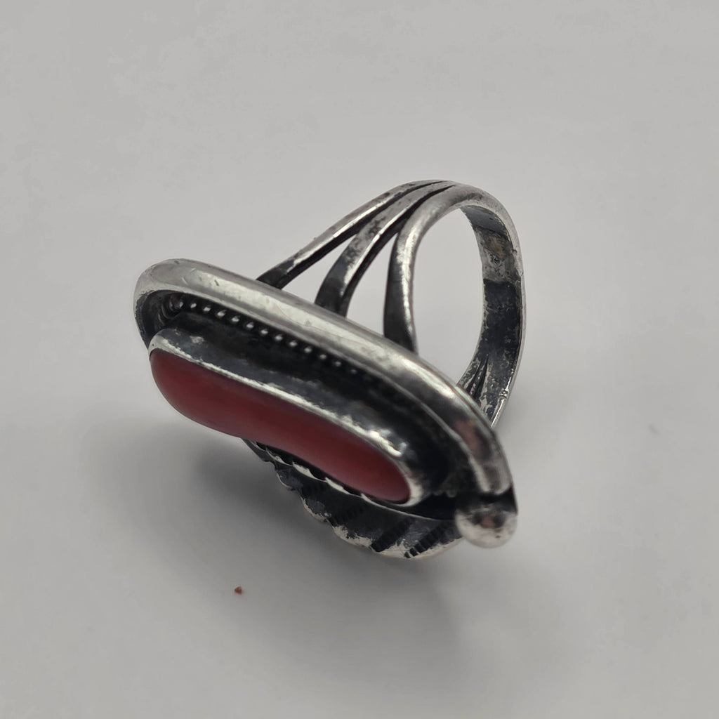 Red Coral Navajo Feather Sterling Silver Ring Size 5