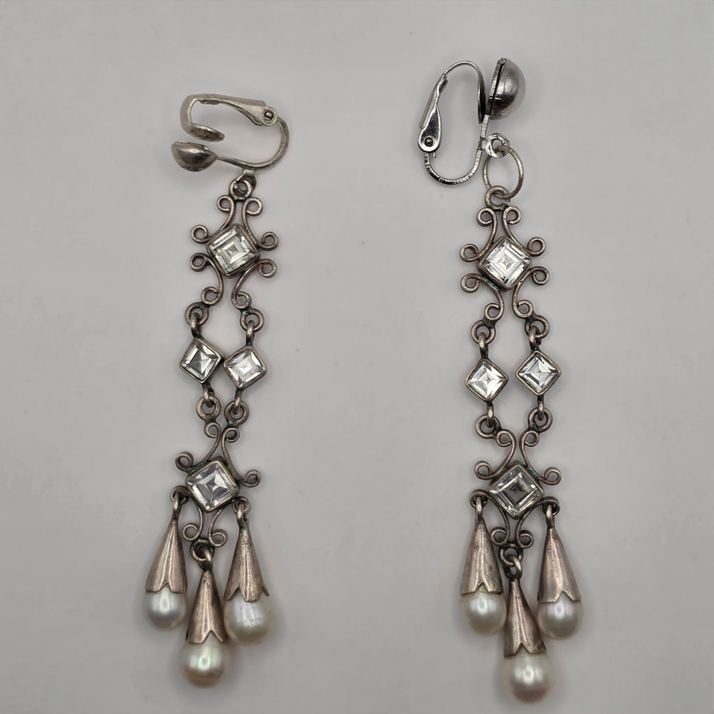 925 Sterling Silver Pearl Rhinestone Chandelier Clip-On Earrings 3" 14.12g